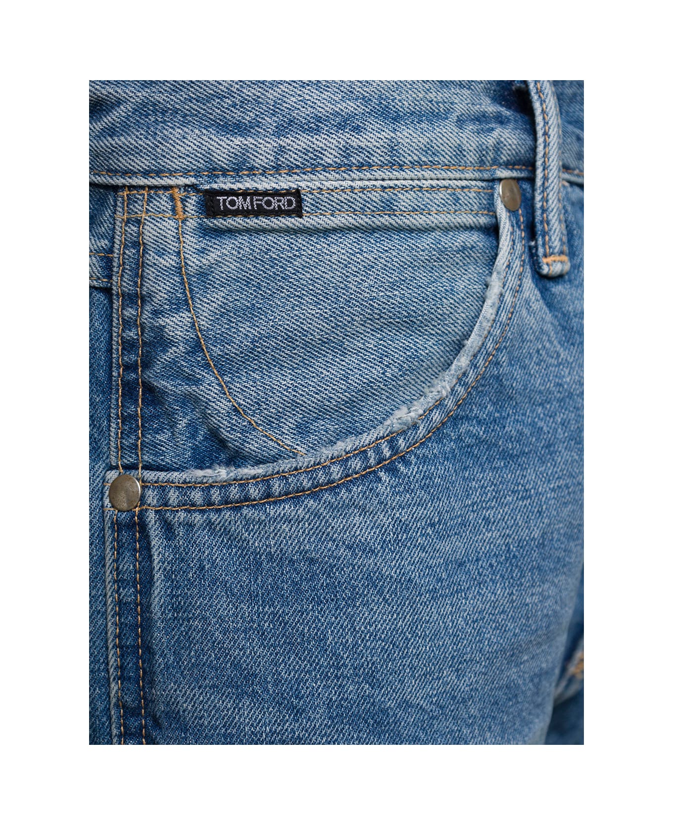 Tom Ford Light Blue 5-pocket Style Jeans With Rips And Logo Patch In Cotton Denim Man - Blu