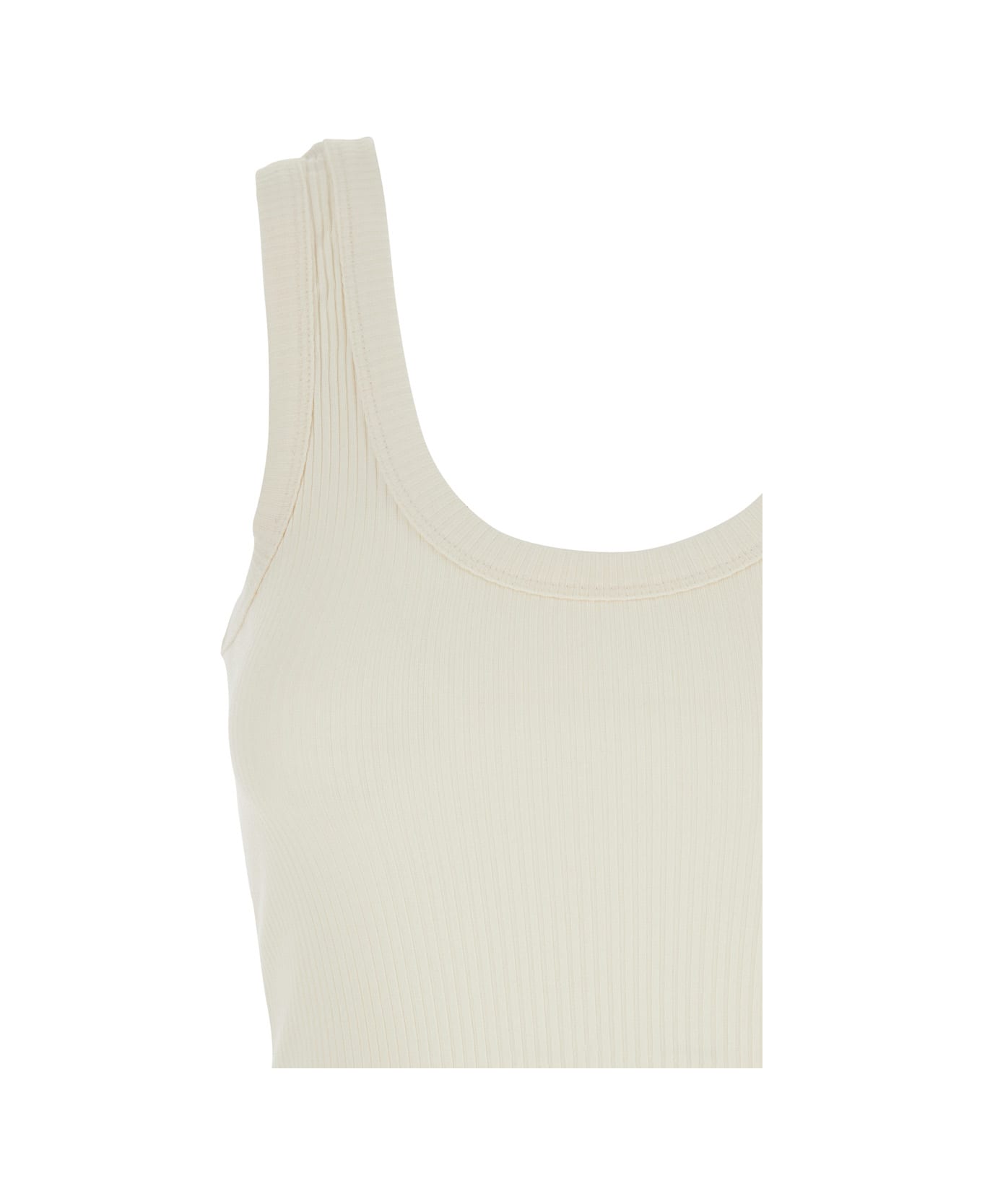 Tela White Ribbed Top With U-neck In Cotton For Woman - White