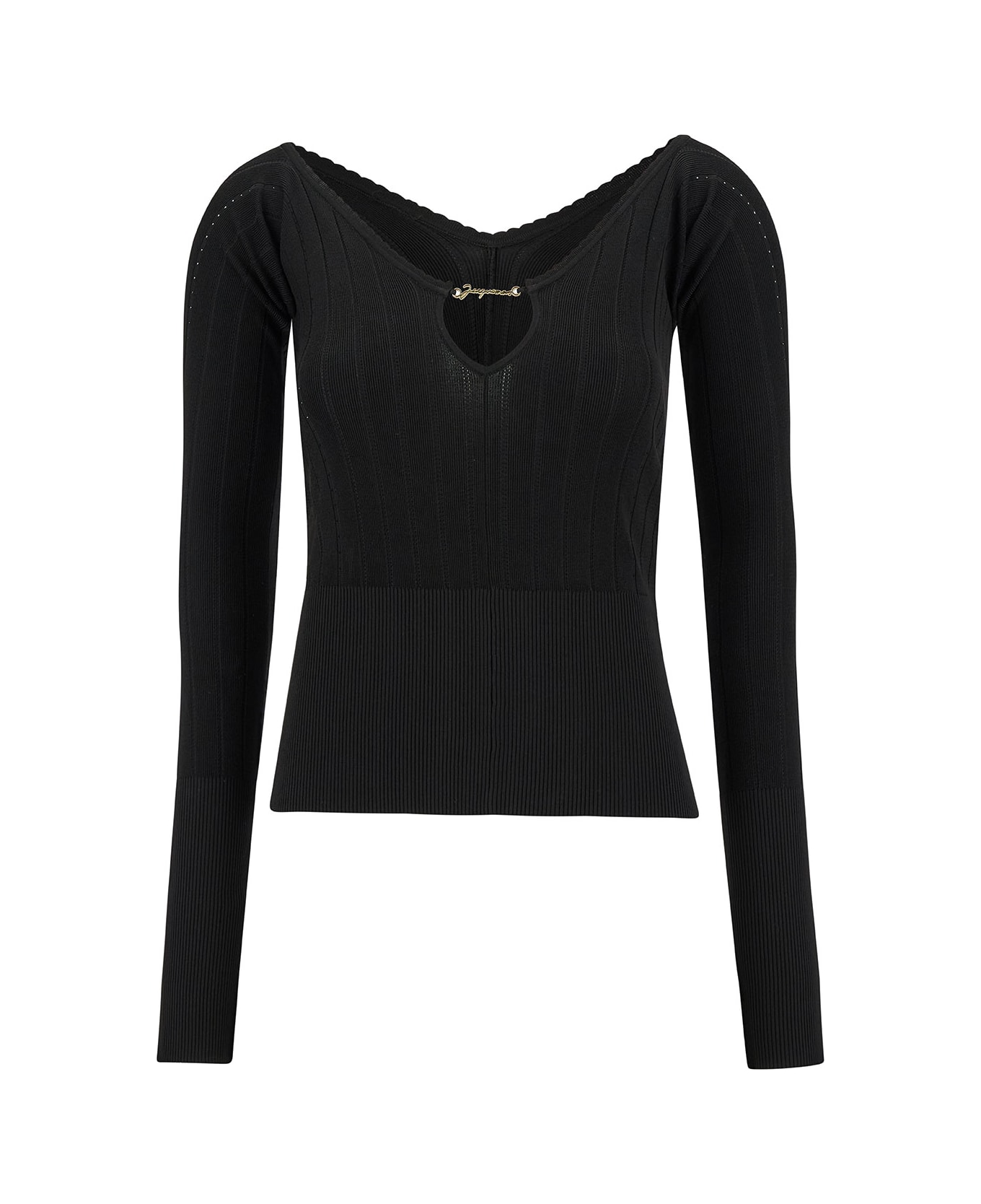 Jacquemus Black Long Sleeve Top With Logo Detail And Cut-out In Viscose Blend Woman - Black