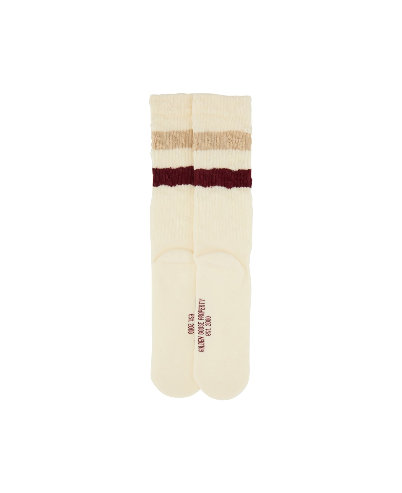 Golden Goose Socks With Distressed Details And Stripes - WHITE