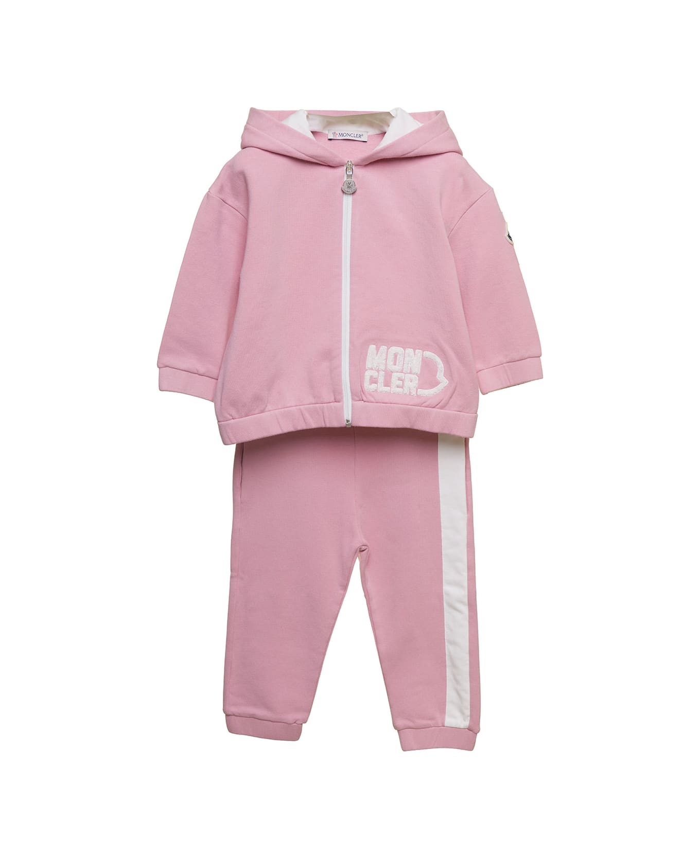 Moncler Pink Hoodie And Pants Suitr With Logo Patch In Cotton Blend Baby - Pink