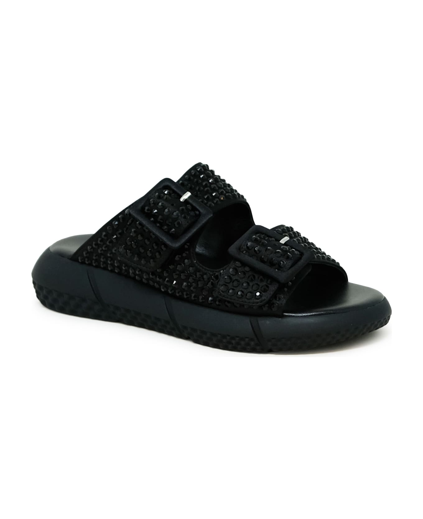 Elena Iachi Black Leather Flat Sandals With Swarovsky - BLACK
