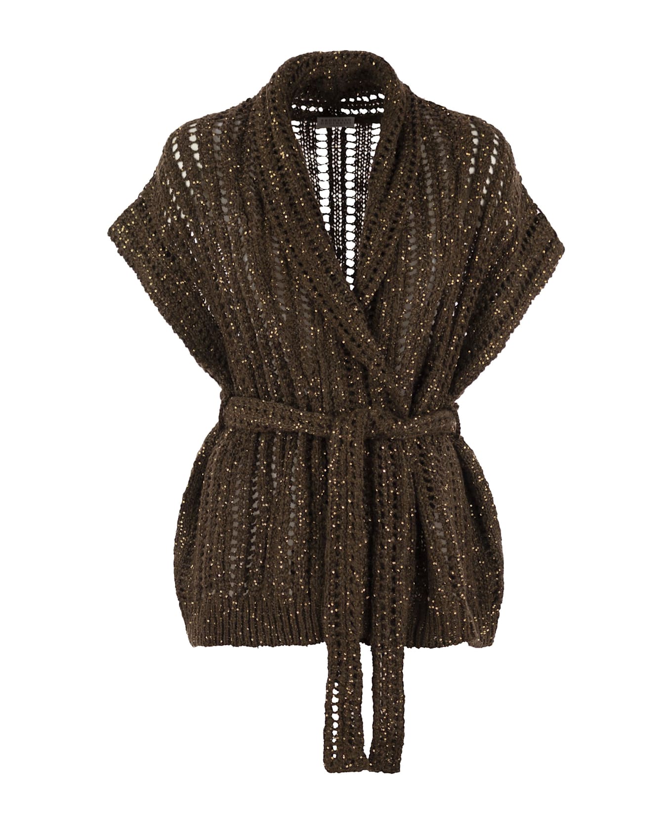 Brunello Cucinelli Dazzling Silk And Linen Perforated Rib Cardigan - Brown