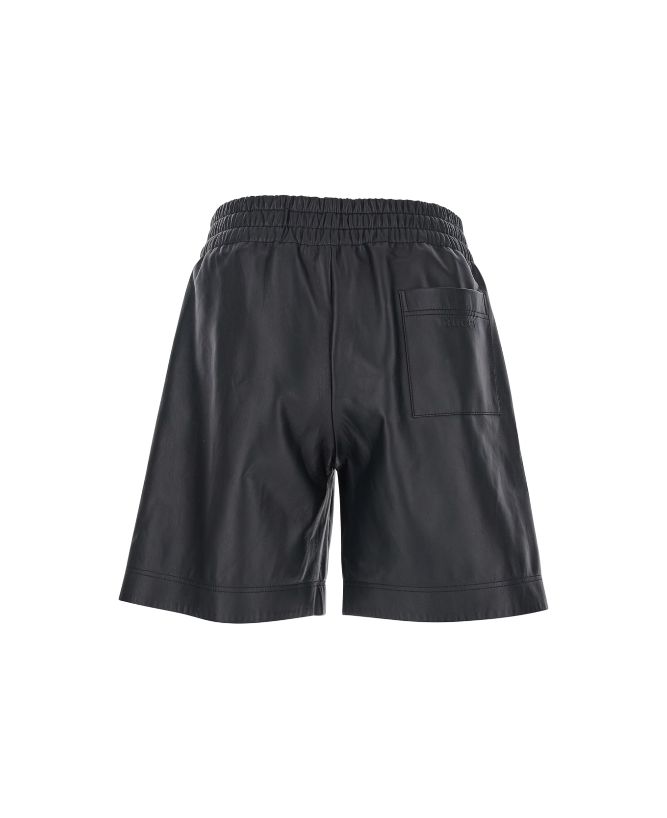 Gucci Black Bermuda Shorts With Elasticated Waist And Logo Lettering In Leather Man - Black