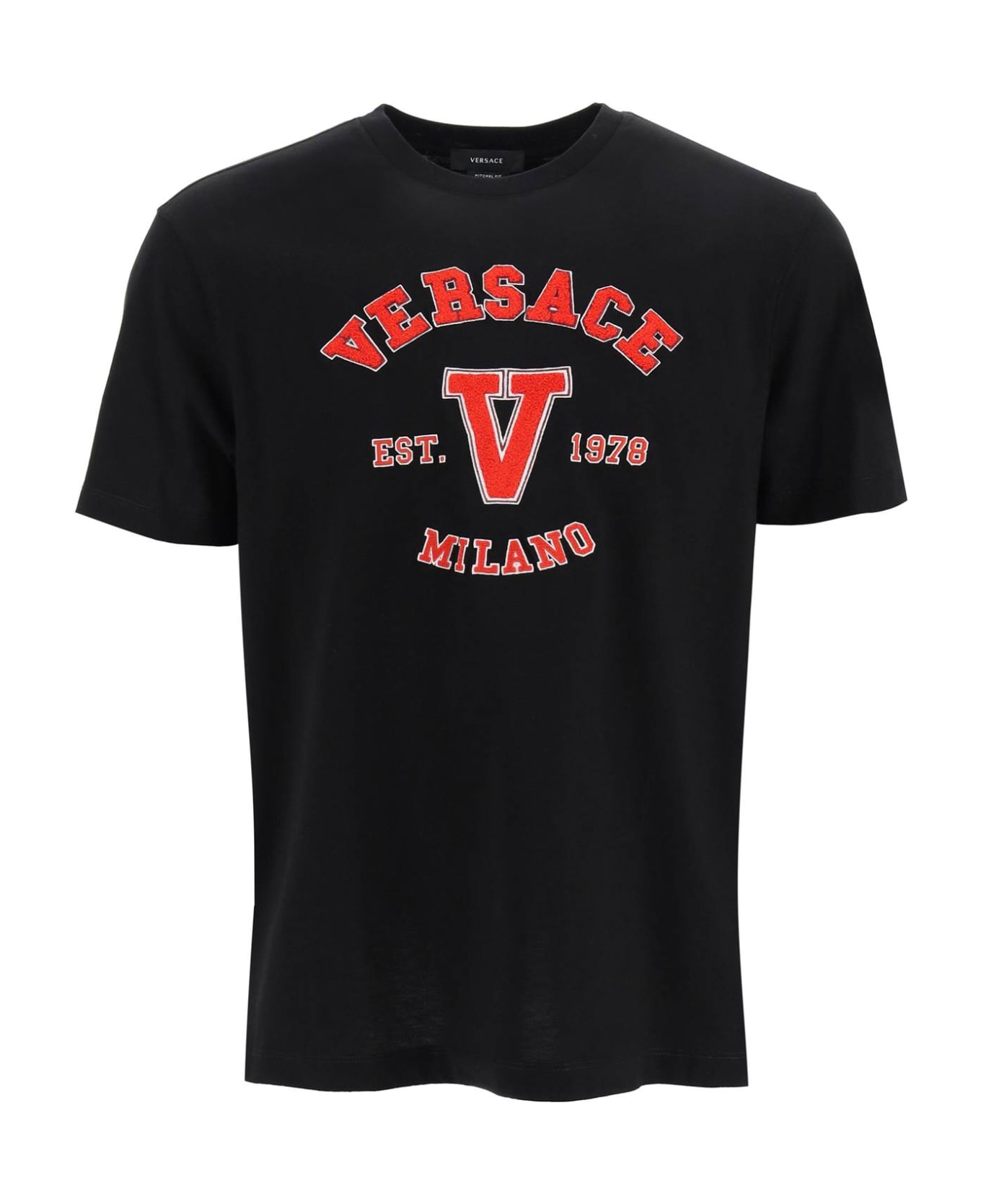 Versace Black T-shirt With Red Embroidered Sponge Logo - Nero