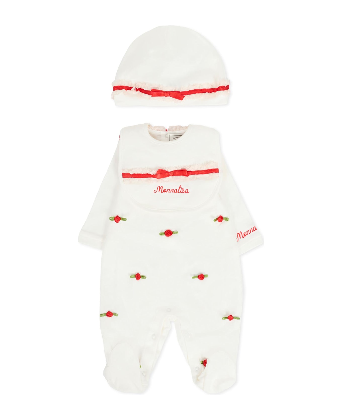 Monnalisa Ivory Babygrow Set For Baby Girl With Roses - Ivory