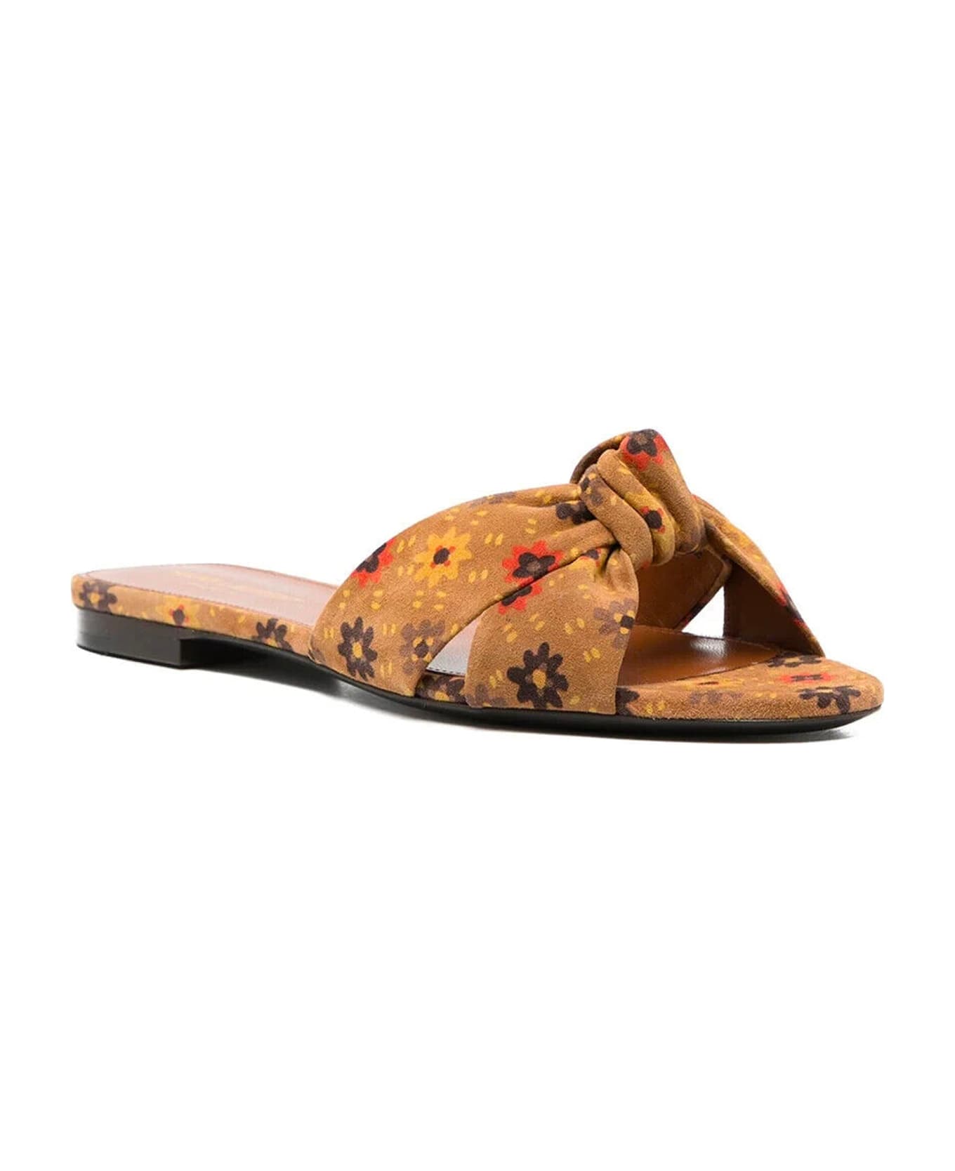 Saint Laurent Bianca Knotted Suede Slides - Brown サンダル