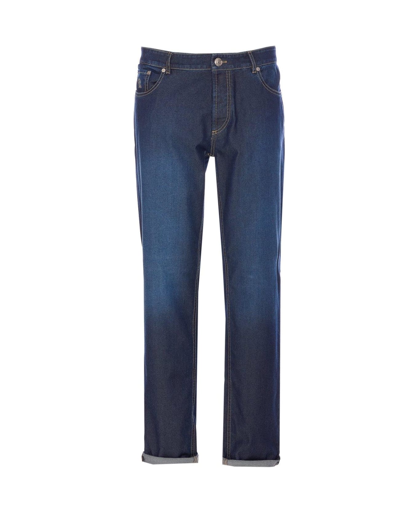 Brunello Cucinelli Logo Patch Turn-up Hem Jeans - Blue