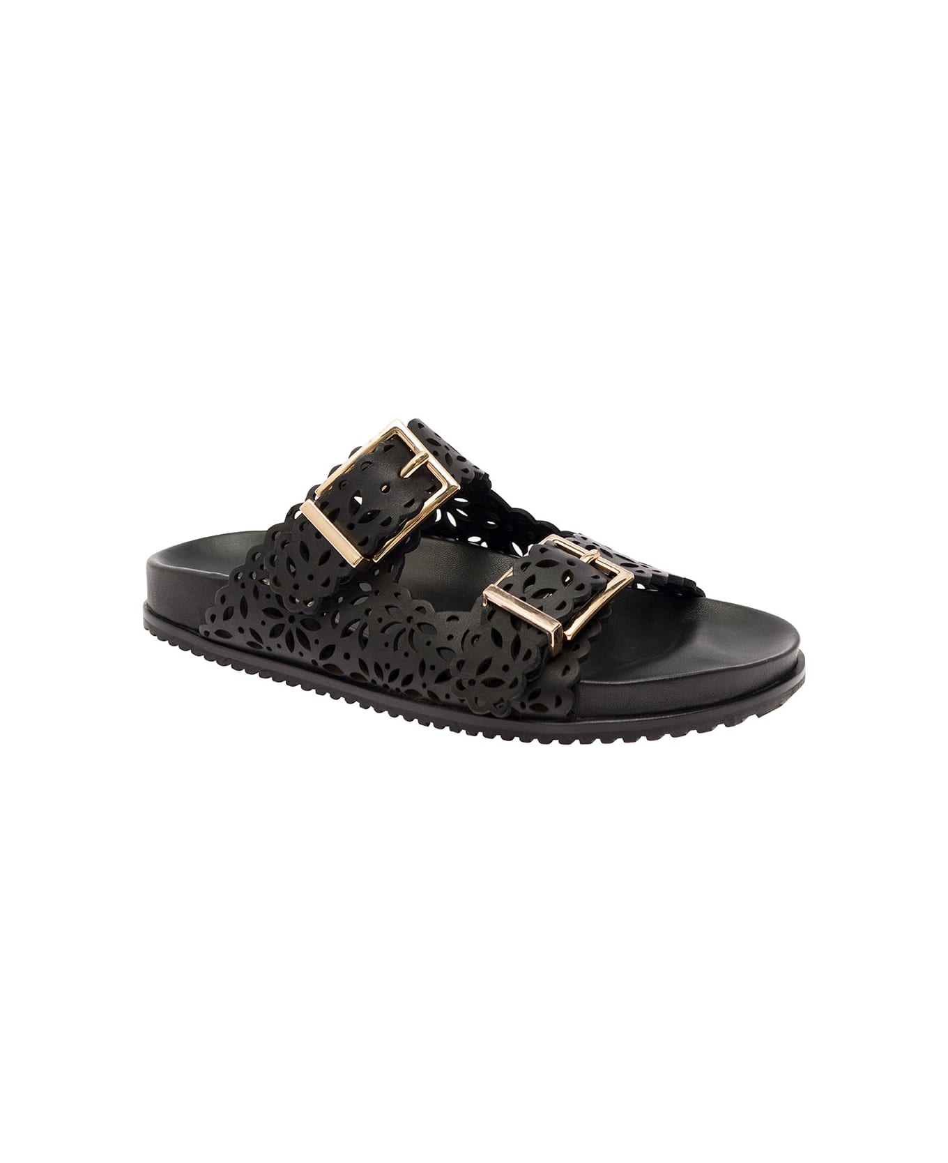TwinSet Black Slip-on Slippers With Lace Effect Leather Woman - Black サンダル
