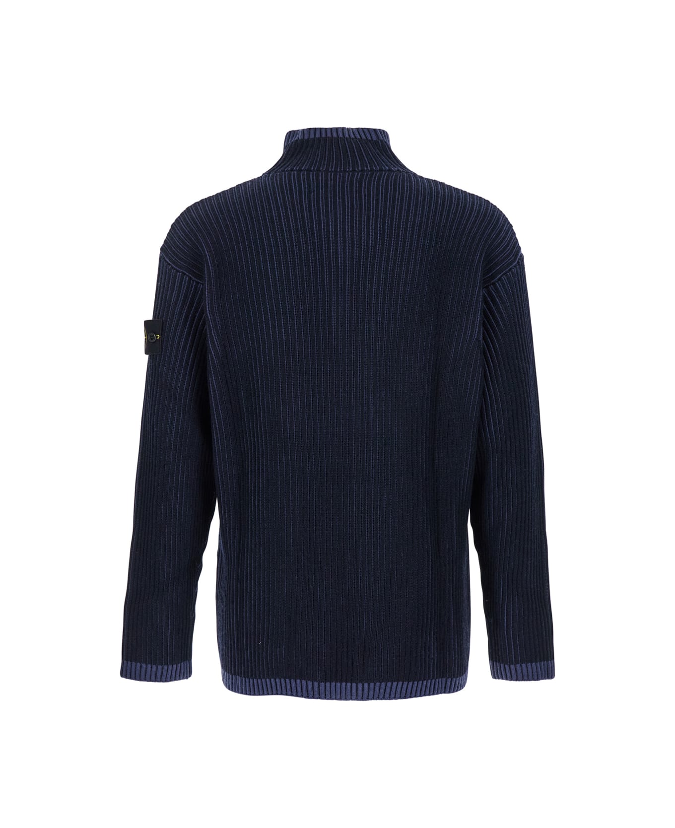 Stone Island Blue Ribbed Sweater With Logo Patch In Virgin Wool Man - Blu