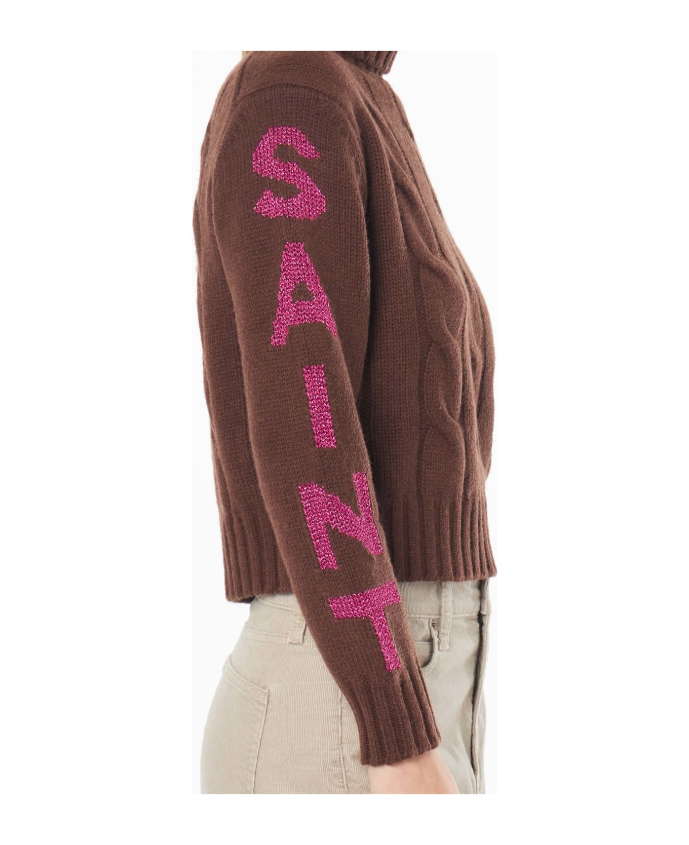 MC2 Saint Barth Woman Turtleneck Braided Sweater With Saint Moritz Jacquard - BROWN