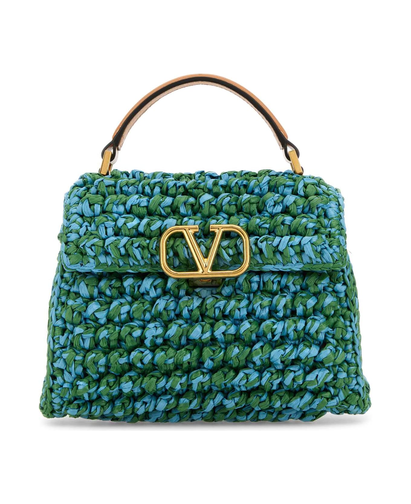 Valentino Garavani Two-tone Raffia Vsling Handbag - VERDEAZZURRONATURALCAMEL