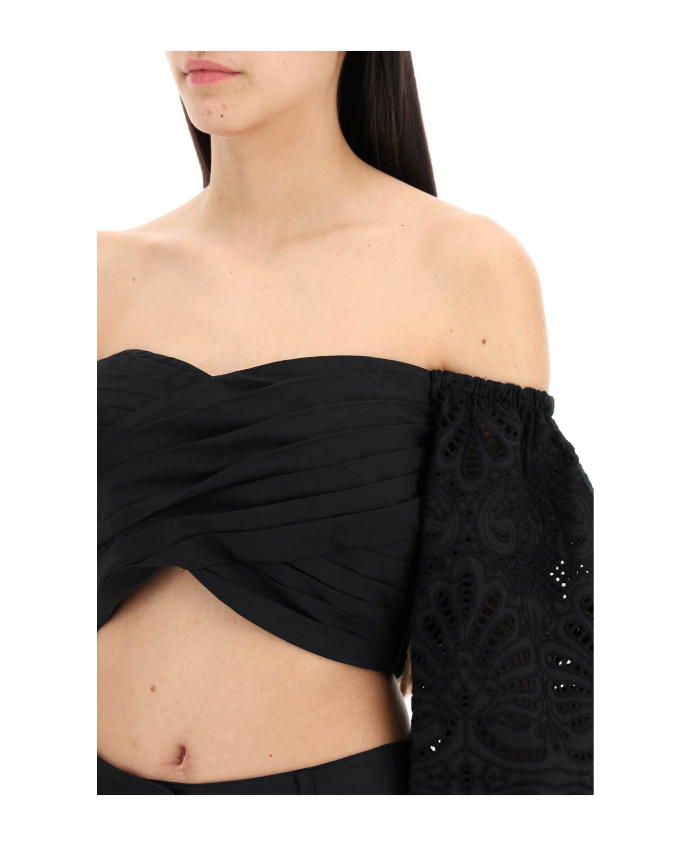 self-portrait Off-shoulder Top With Sangallo - Nero