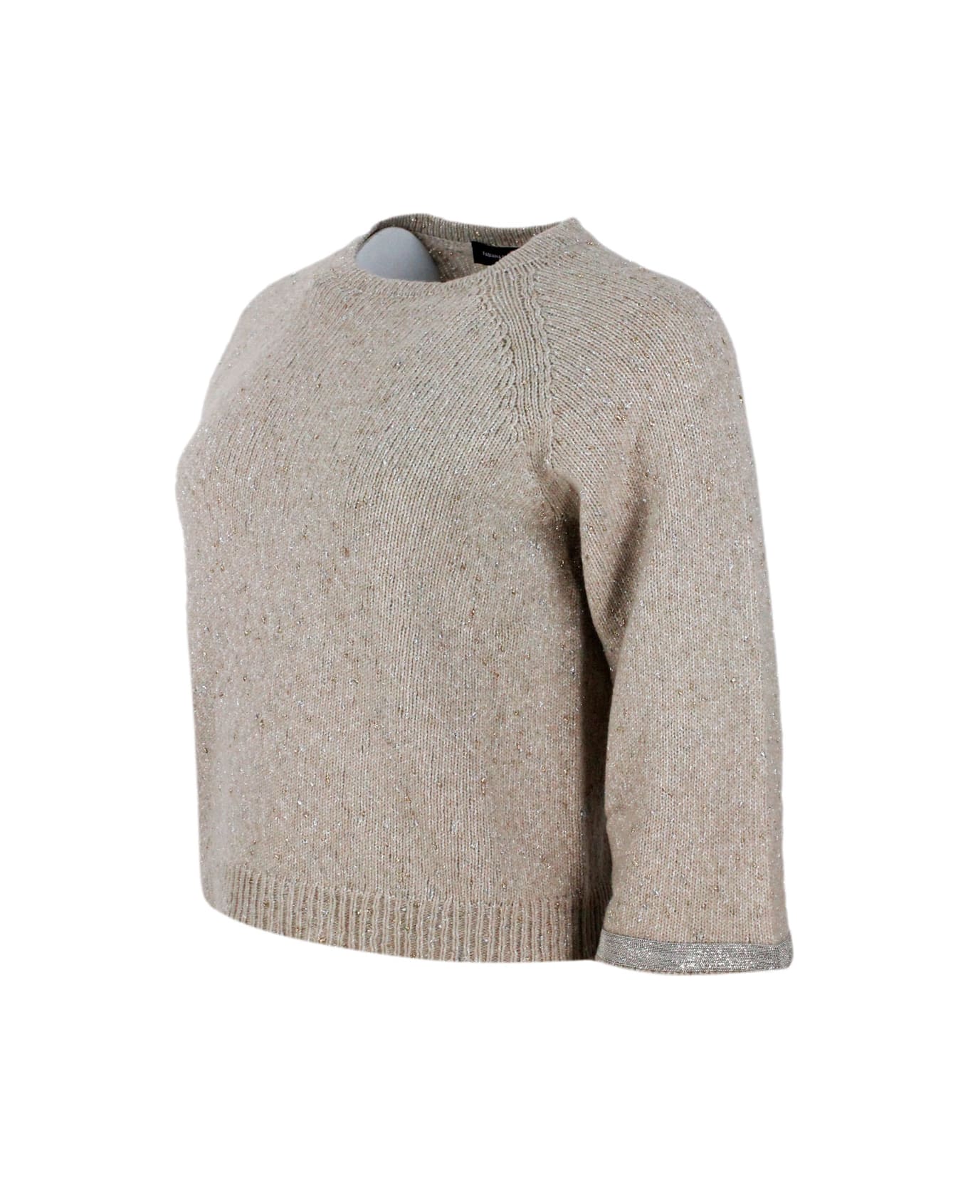 Fabiana Filippi Crewneck Sweater In Donegal Lamè Yarn With 3/4 Sleeves Embellished With Brilliant Jewel Details On The Sleeves - Beige