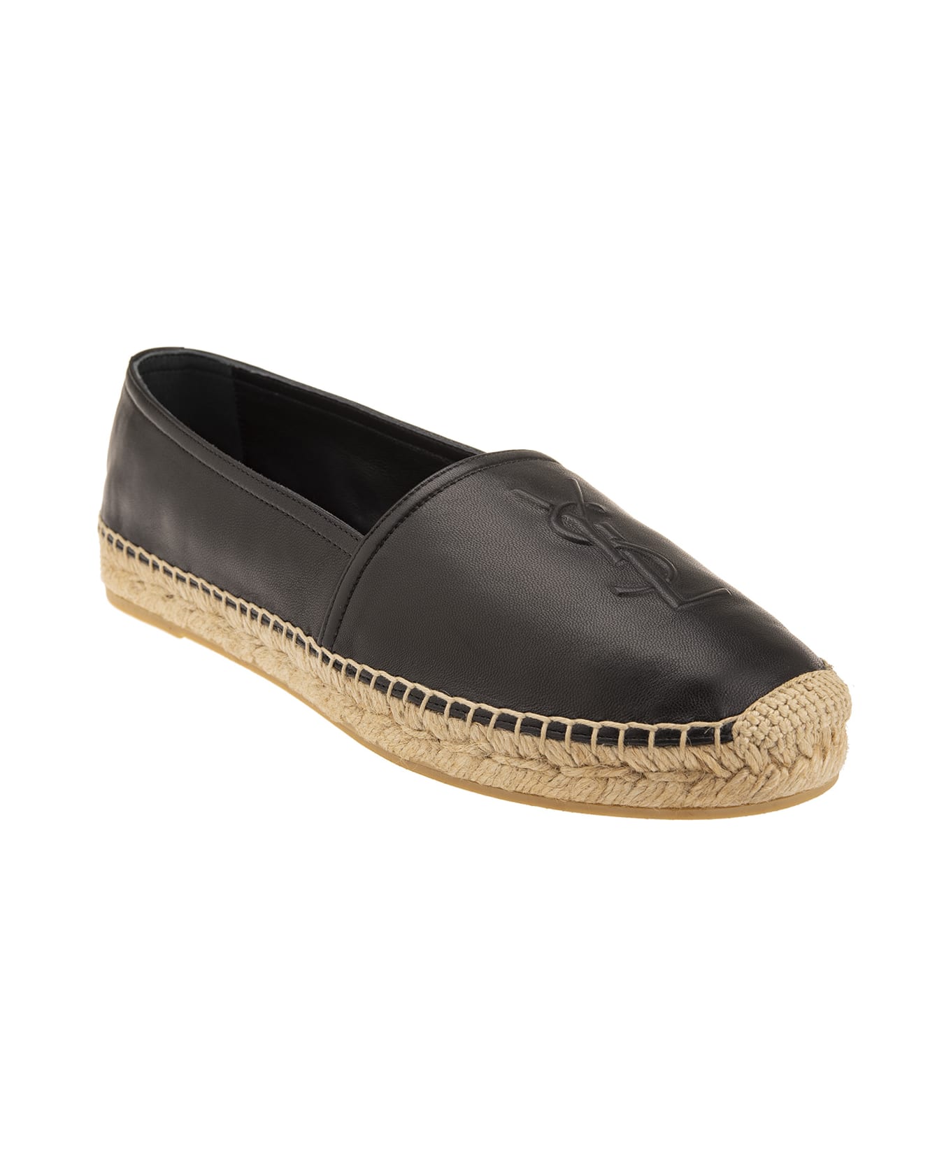 Saint Laurent Black Leather Monogram Espadrillas - Black