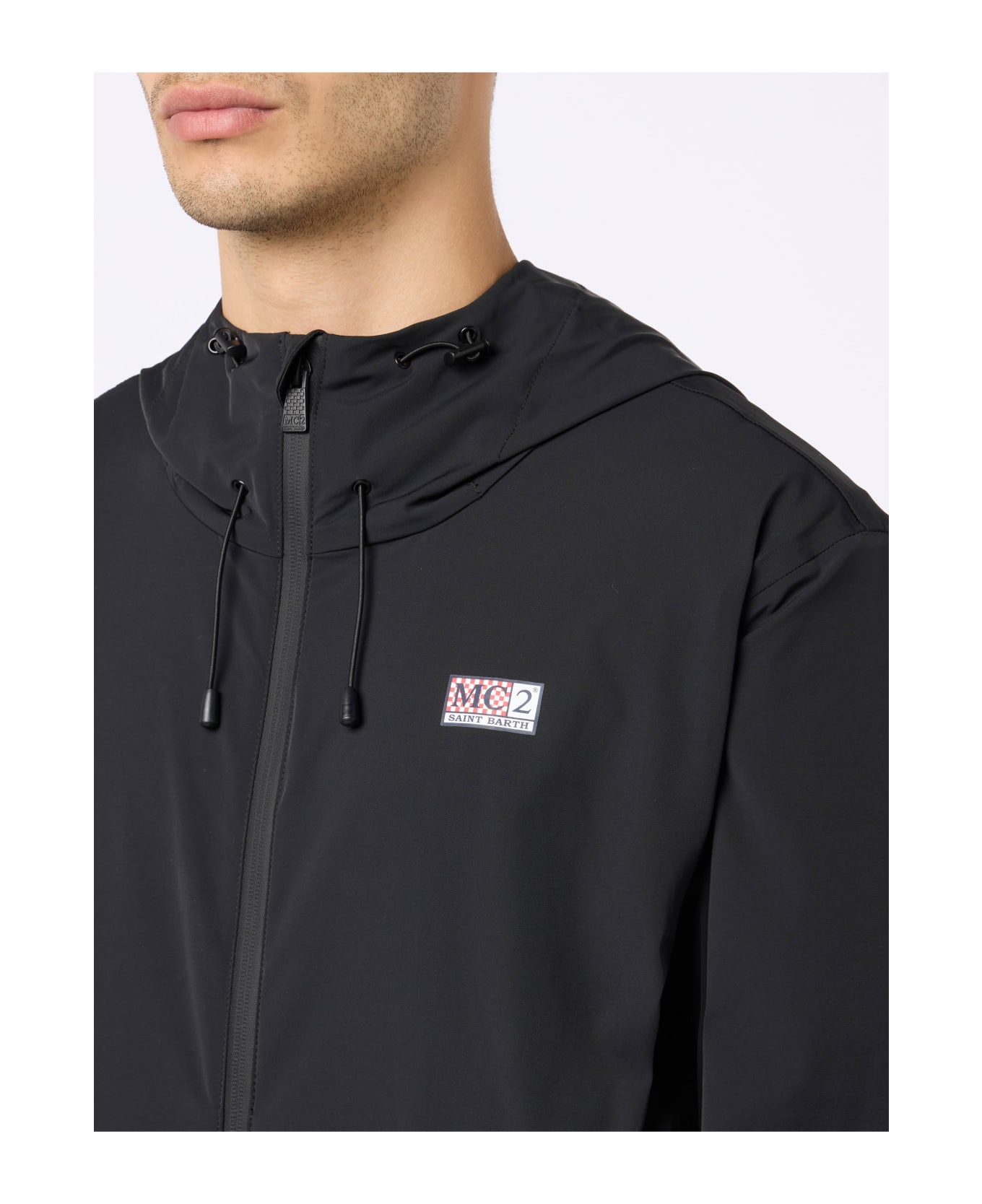 MC2 Saint Barth Man Hooded Lightweight Black Fabric Windbreaker Sloop - BLACK