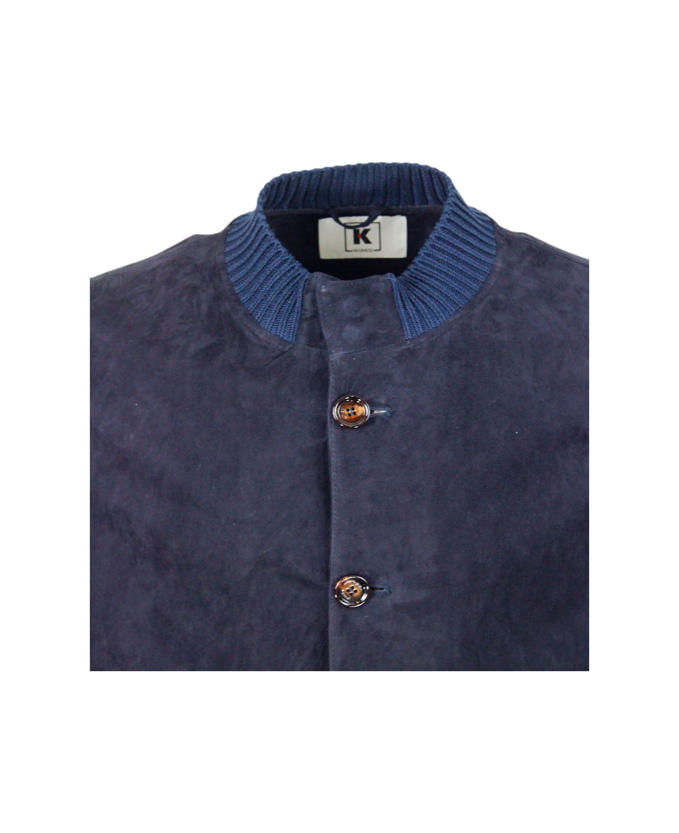 Kired Igor Jacket In Fine Unlined Light Lambskin Suede With Button Closure And Knitted Finishes - Blu