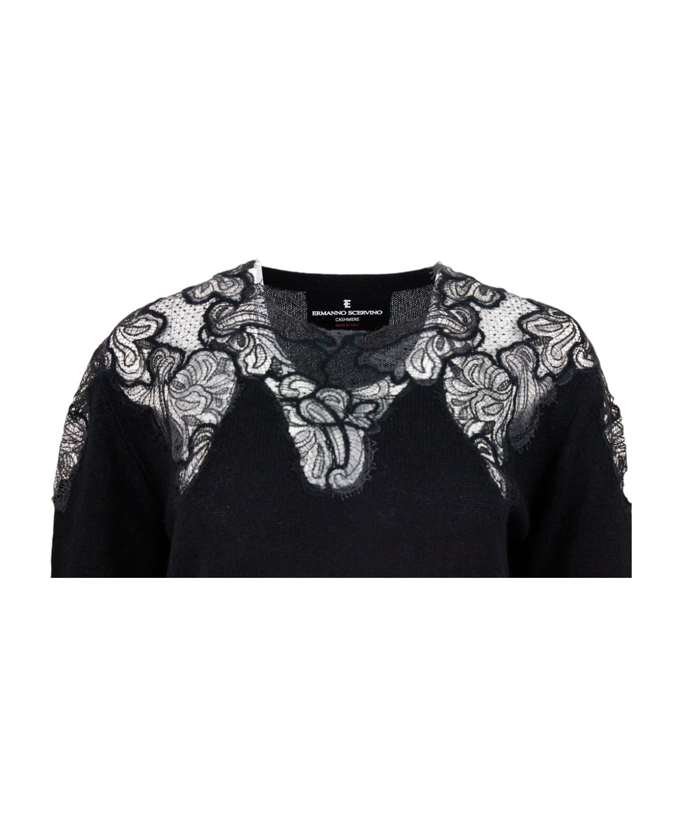Ermanno Scervino Crewneck Sweater With Lace - Black