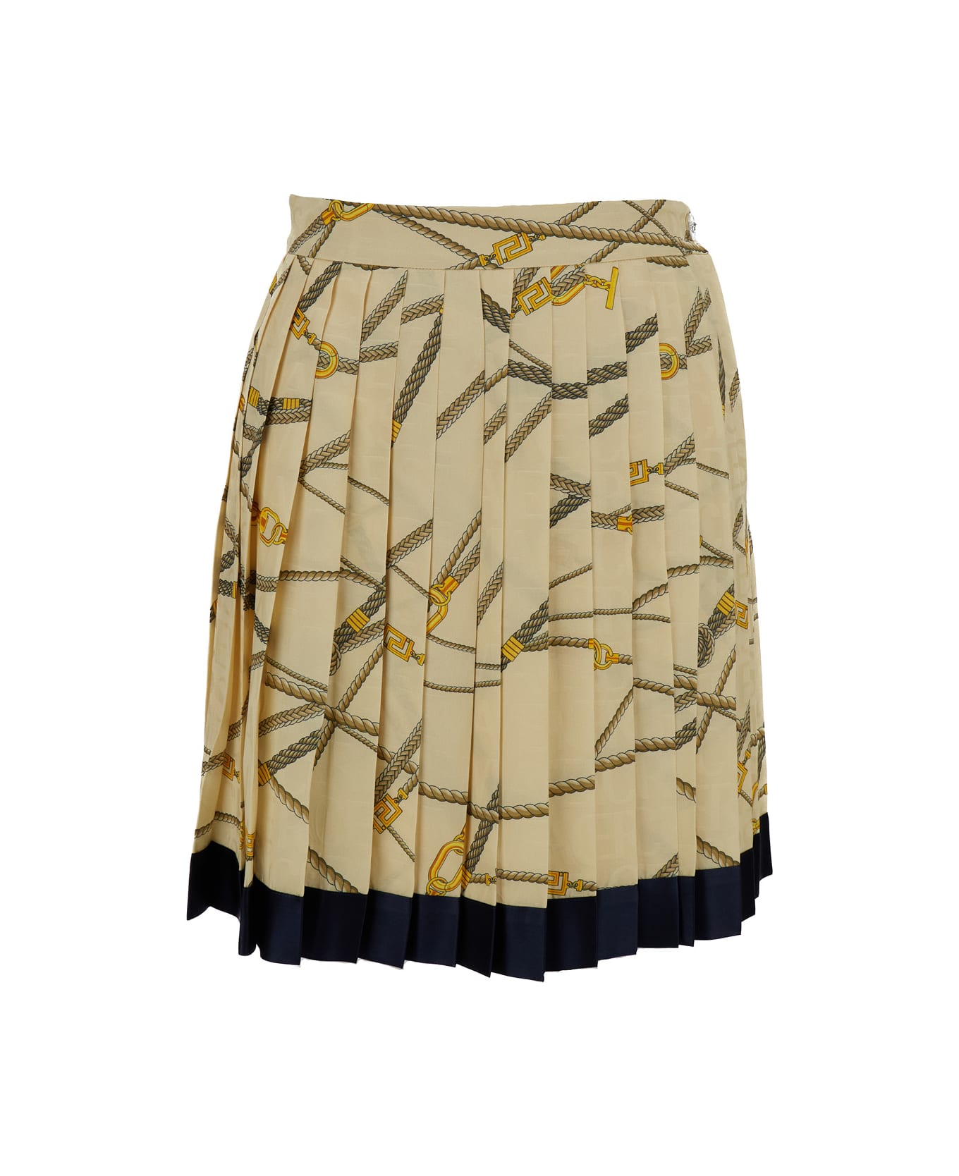 Versace Pale Yellow Pleated Mini Skirt With All-over Logo Print In Silk Blend Woman - Yellow