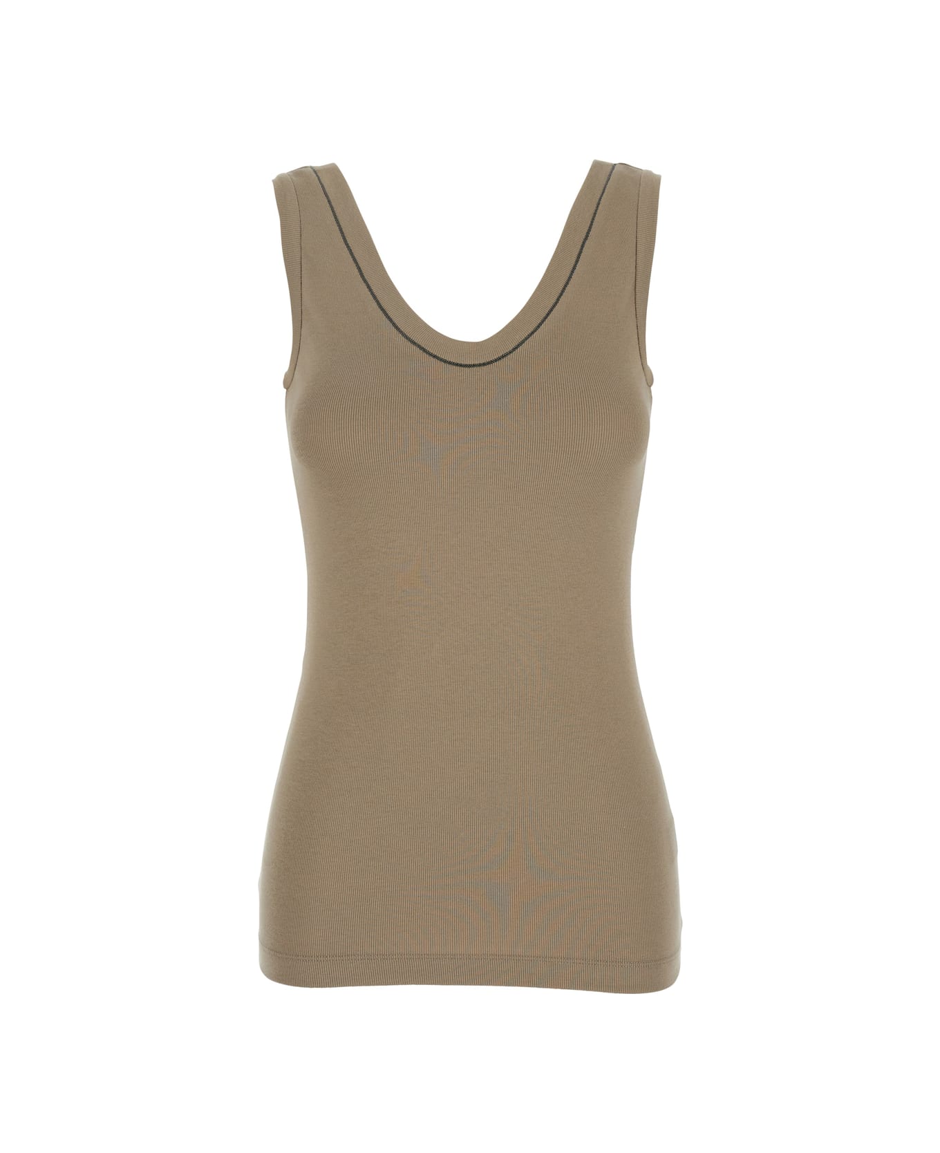 Brunello Cucinelli Grey Sleveless Top With Round Neck And Monile Detail On The Neck In Cotton Woman - Beige