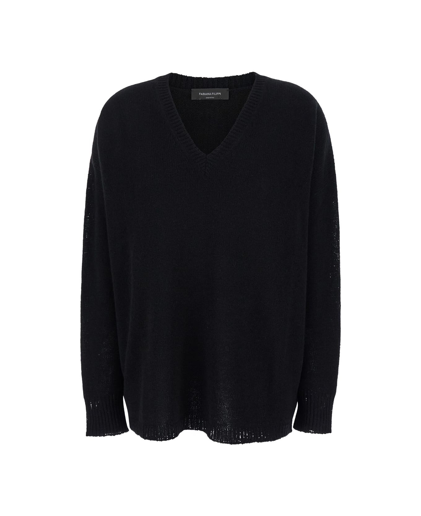 Fabiana Filippi Black Oversized Pullover With V Neck In Cashmere Woman - Black