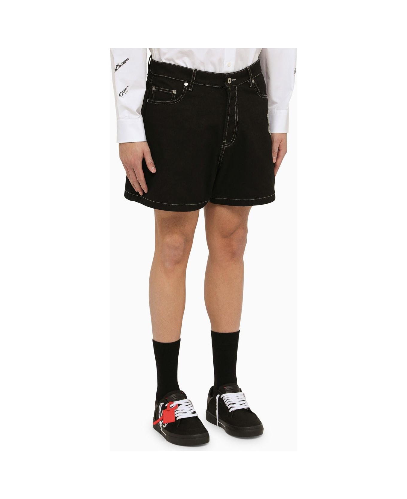 Off-White Black Cotton Short With Logo - BLACK ショートパンツ