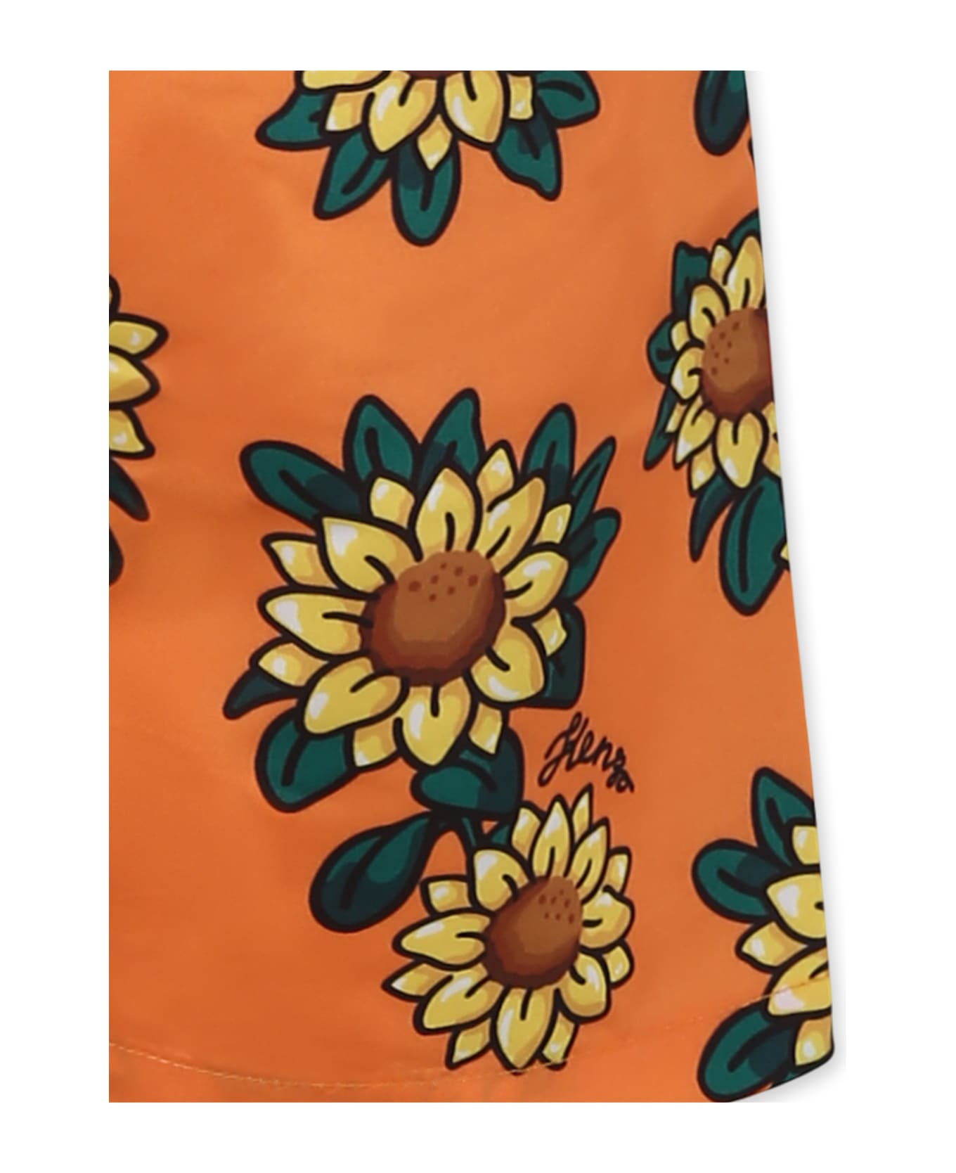 Kenzo Kids Orange Swim Shorts For Boy With Sunflower Print And Black Logo - Orange