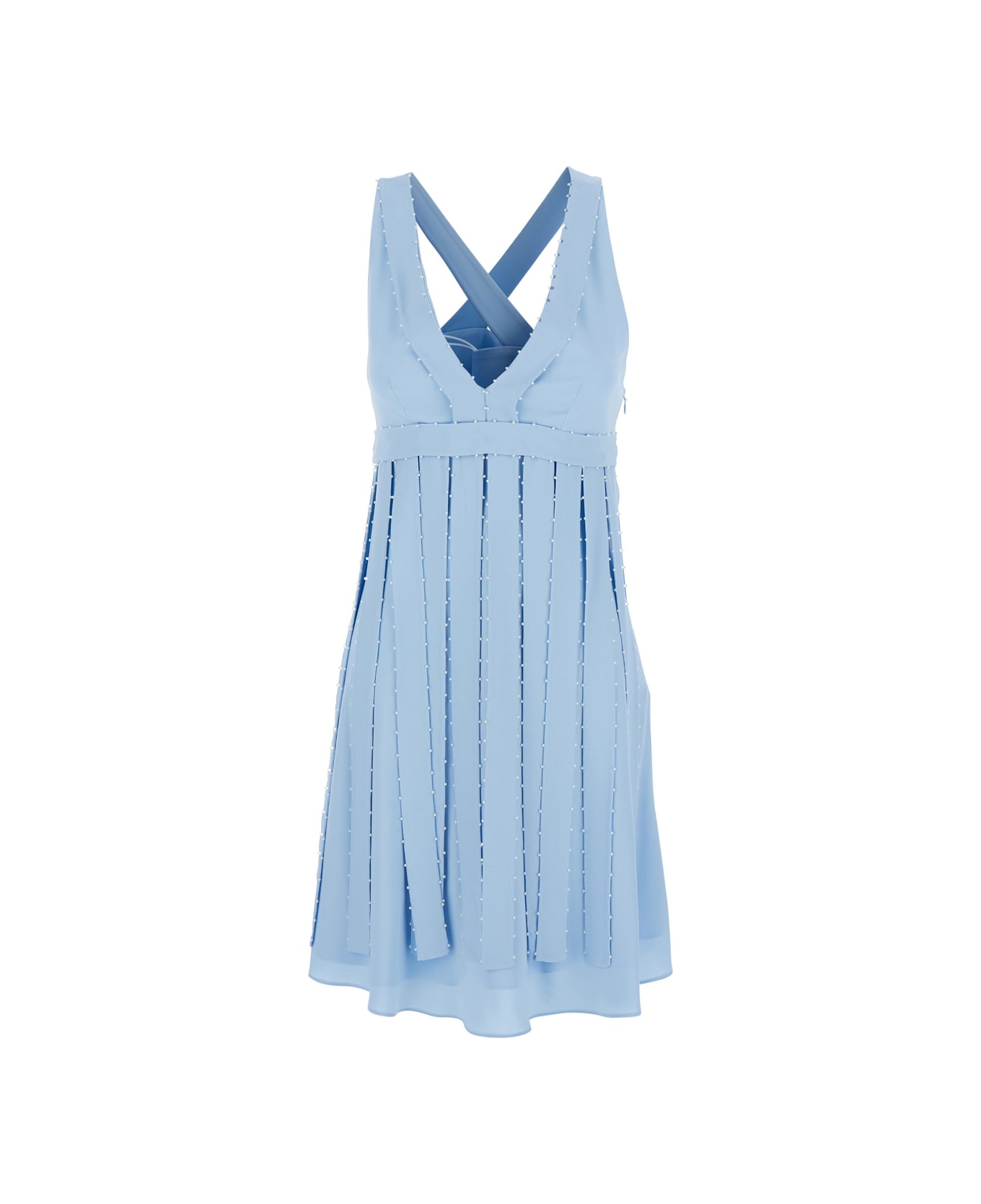 Giovanni Bedin Light Blue Sleeveless Midi Dress With V Neck And Pearl Embellishments In Silk Blend Woman - Light blue