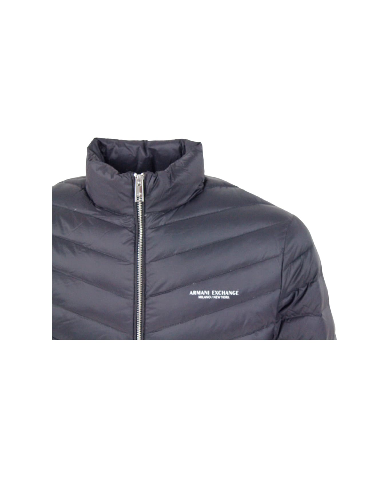 Armani Collezioni Light Down Jacket With Logoed And Elasticated Edges And Zip Closure - Grey Dark