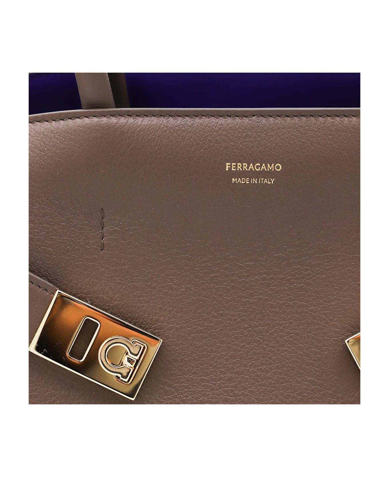 Ferragamo Brown Leather Hug Top Handle Bag - CLAY/LAPIS