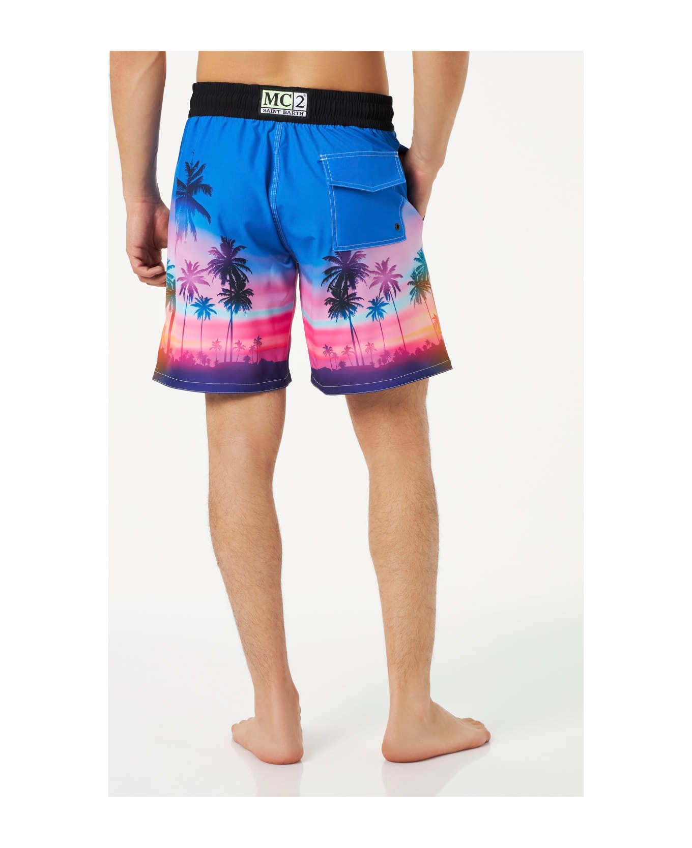 MC2 Saint Barth Man Comfort And Stretch Surf Shorts With Palm Print - SKY