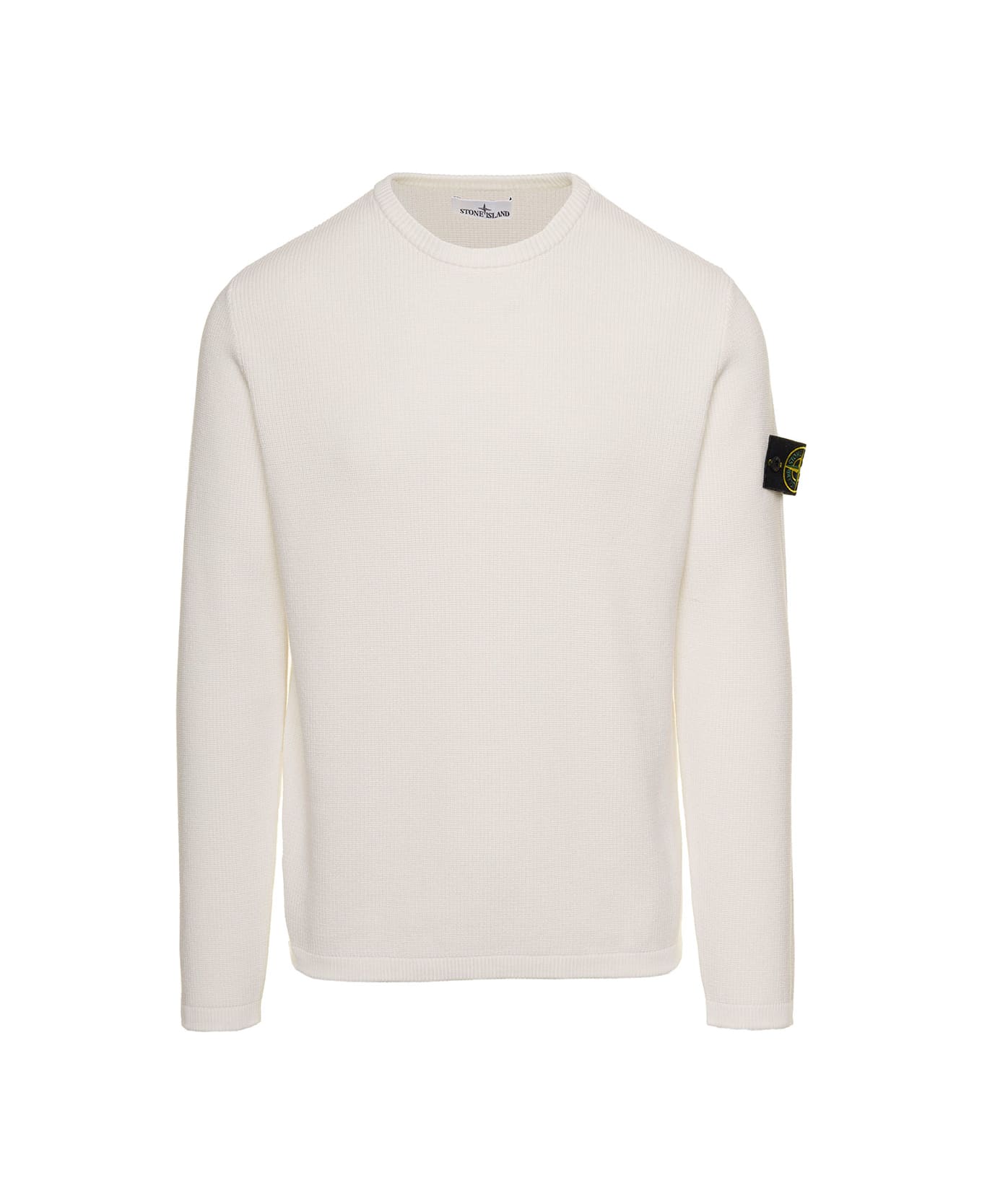 Stone Island White Crewneck Pullover With Logo Patch In Cotton Man