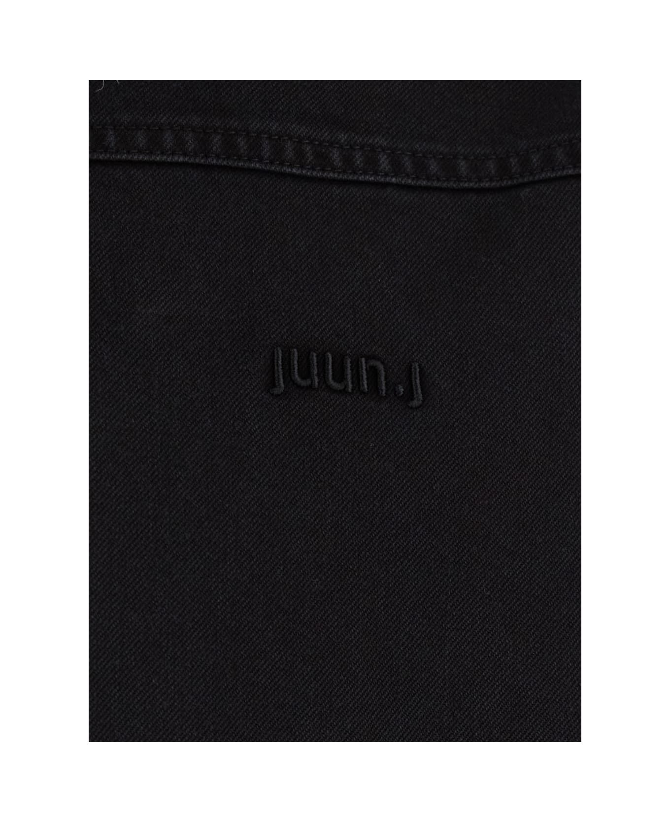 Juun.J Black Shirt With Classic Collar And Tonal Logo Lettering Embroidery On The Front In Denim Man - Black