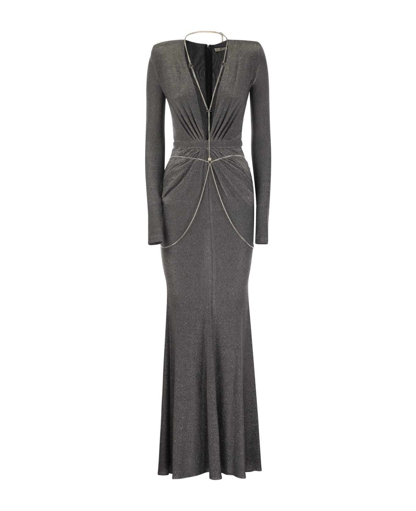 Elisabetta Franchi Red Carpet Dress In Lurex Jersey With Body Chain - Grey