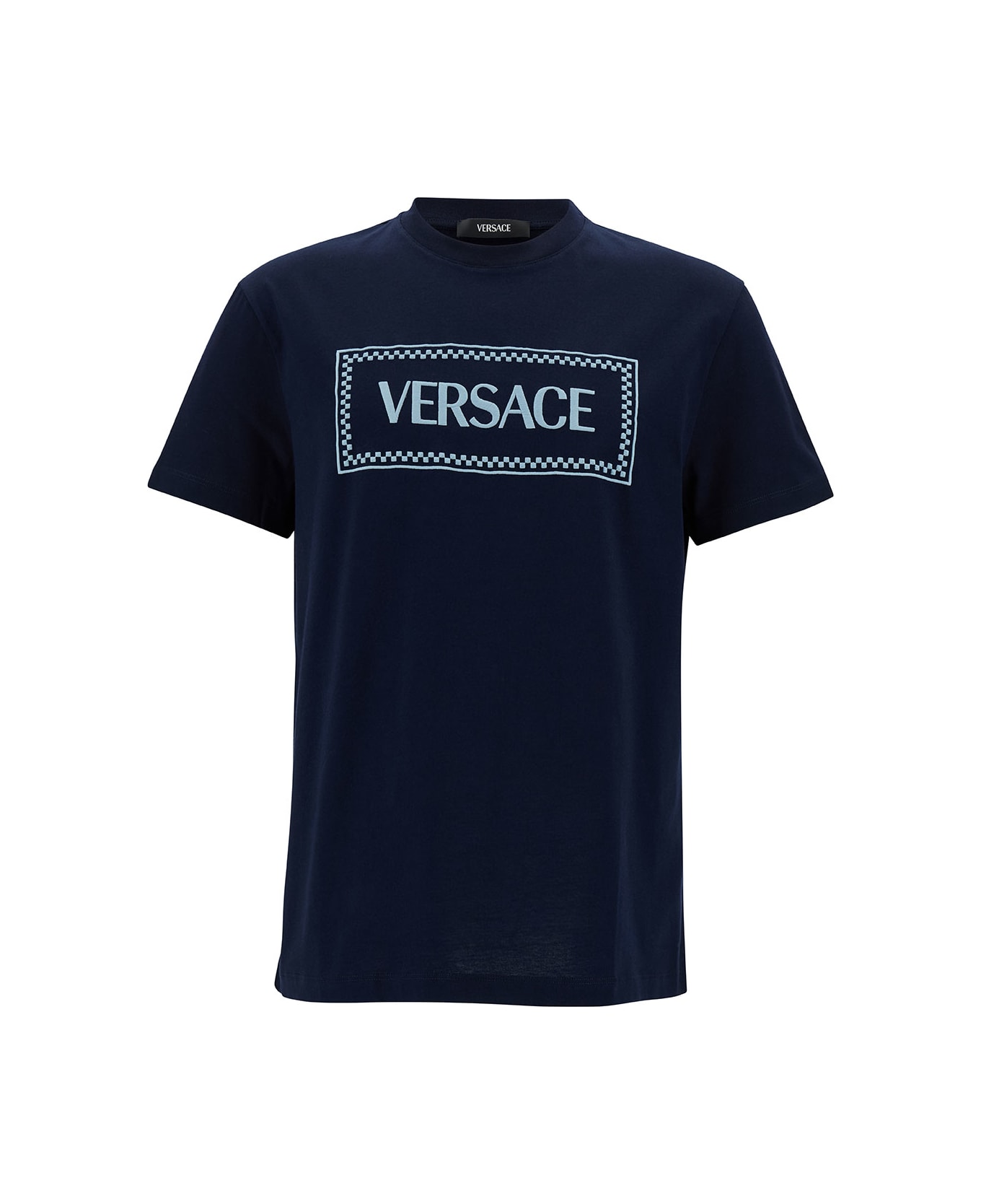 Versace Blue Crewneck T-shirt With 90's Logo Print In Cotton Man - Blu