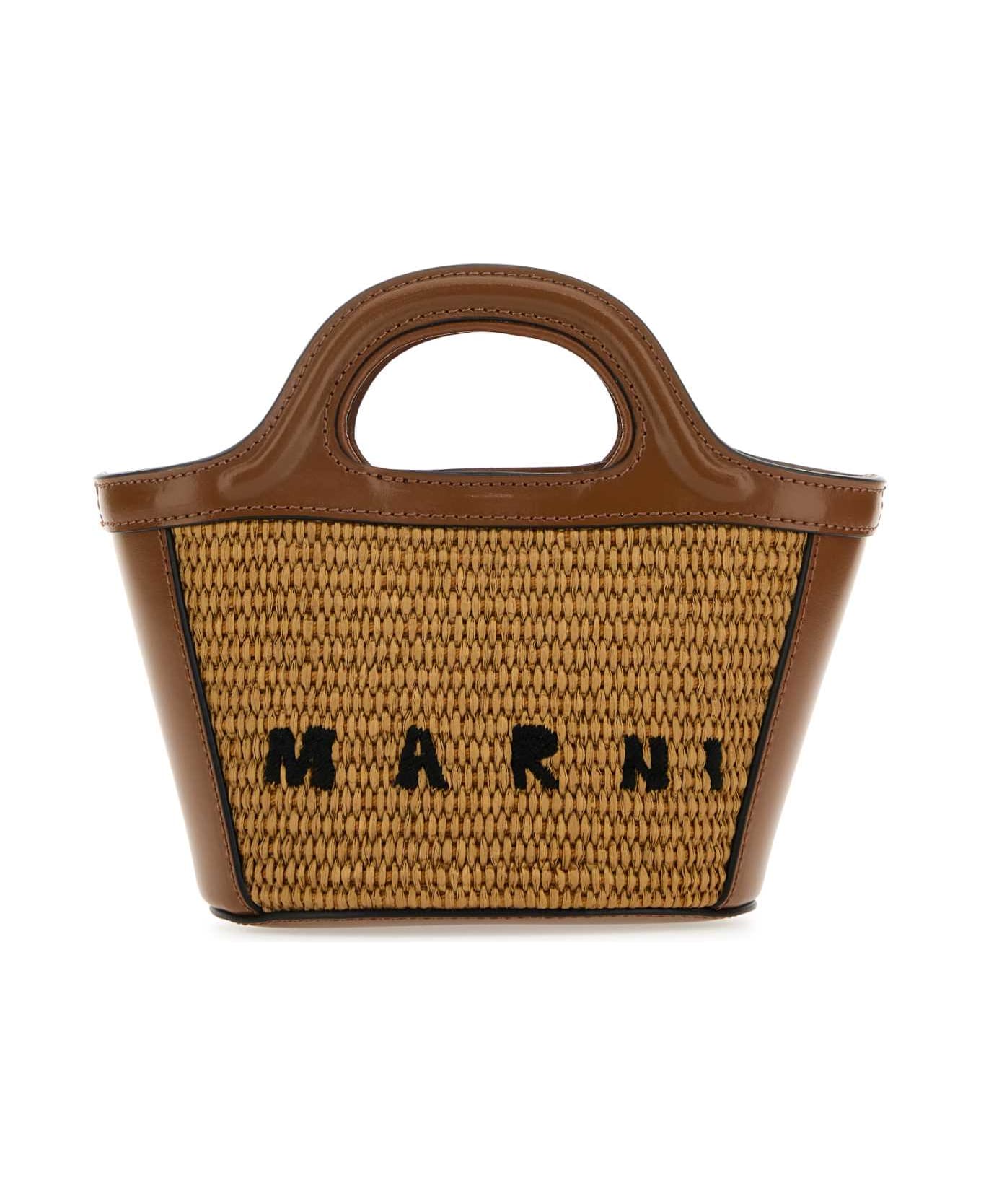 Marni Two-tone Leather And Straw Tropicalia Handbag - RAW SIENNA