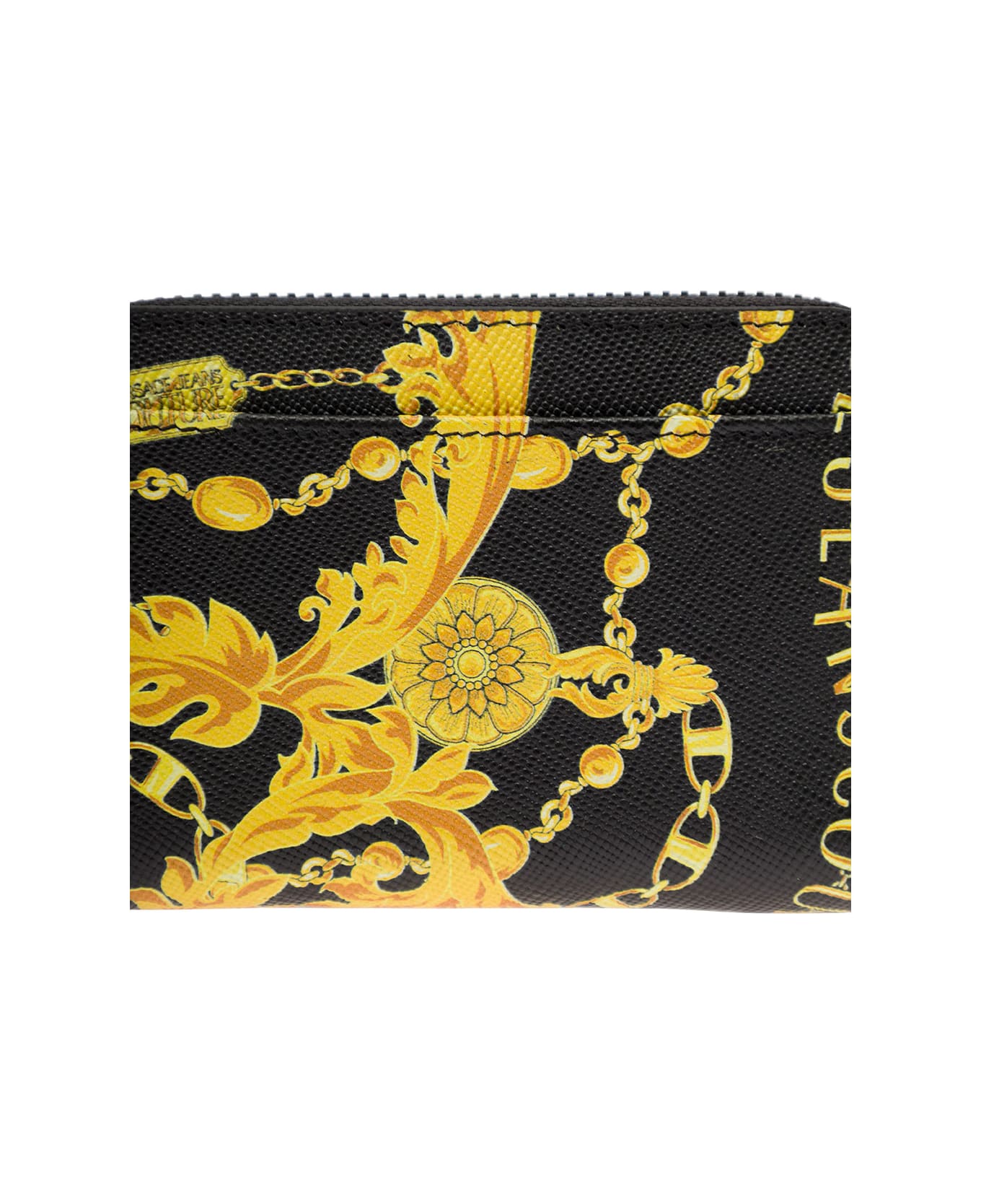 Versace Jeans Couture Black Zip-around Wallet With Barocco Print In Leather Man - Black