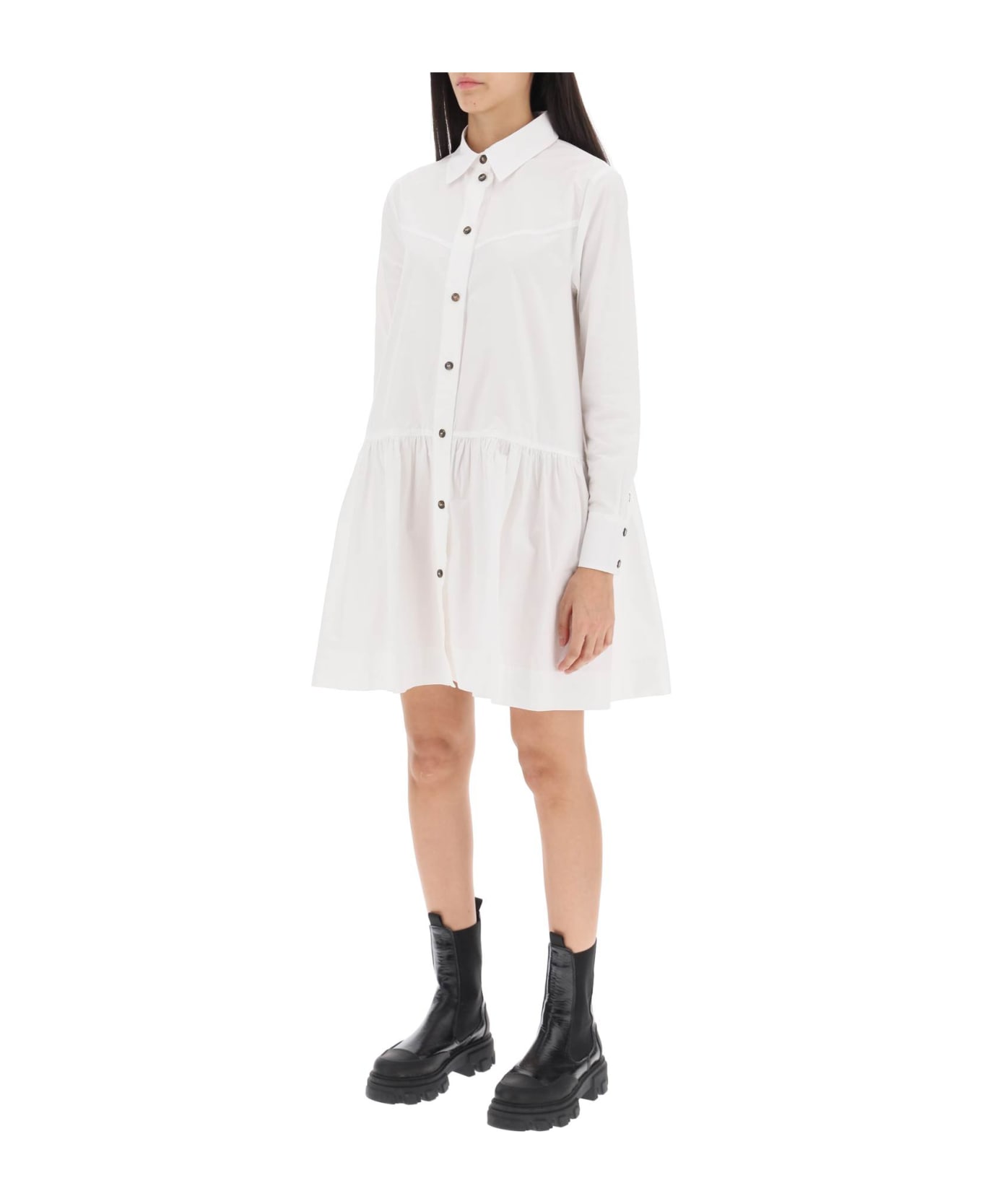 Ganni Cotton Poplin Flared Dress - BRIGHT WHITE (White)