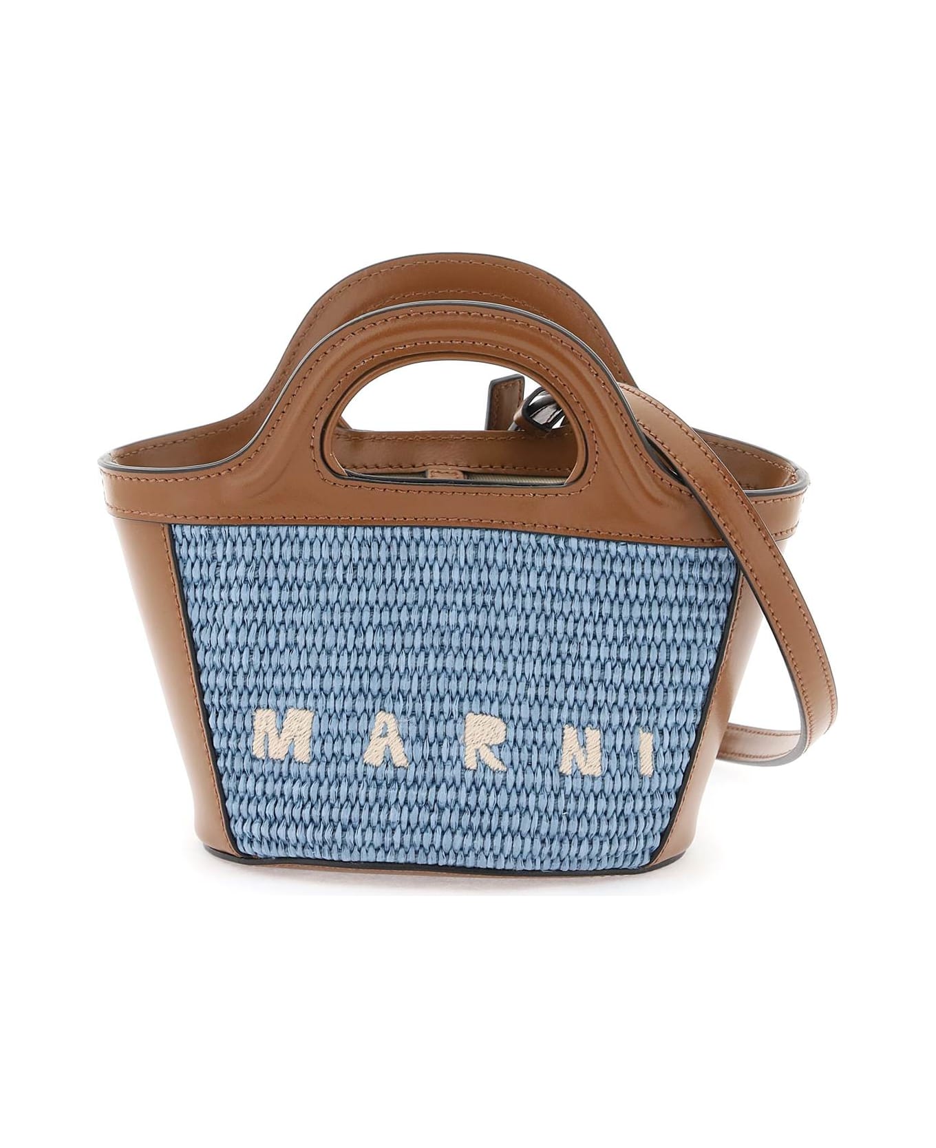 Marni Micro Tropicalia Summer Bag In Brown Leather And Light Blue Raffia - Brown ショルダーバッグ