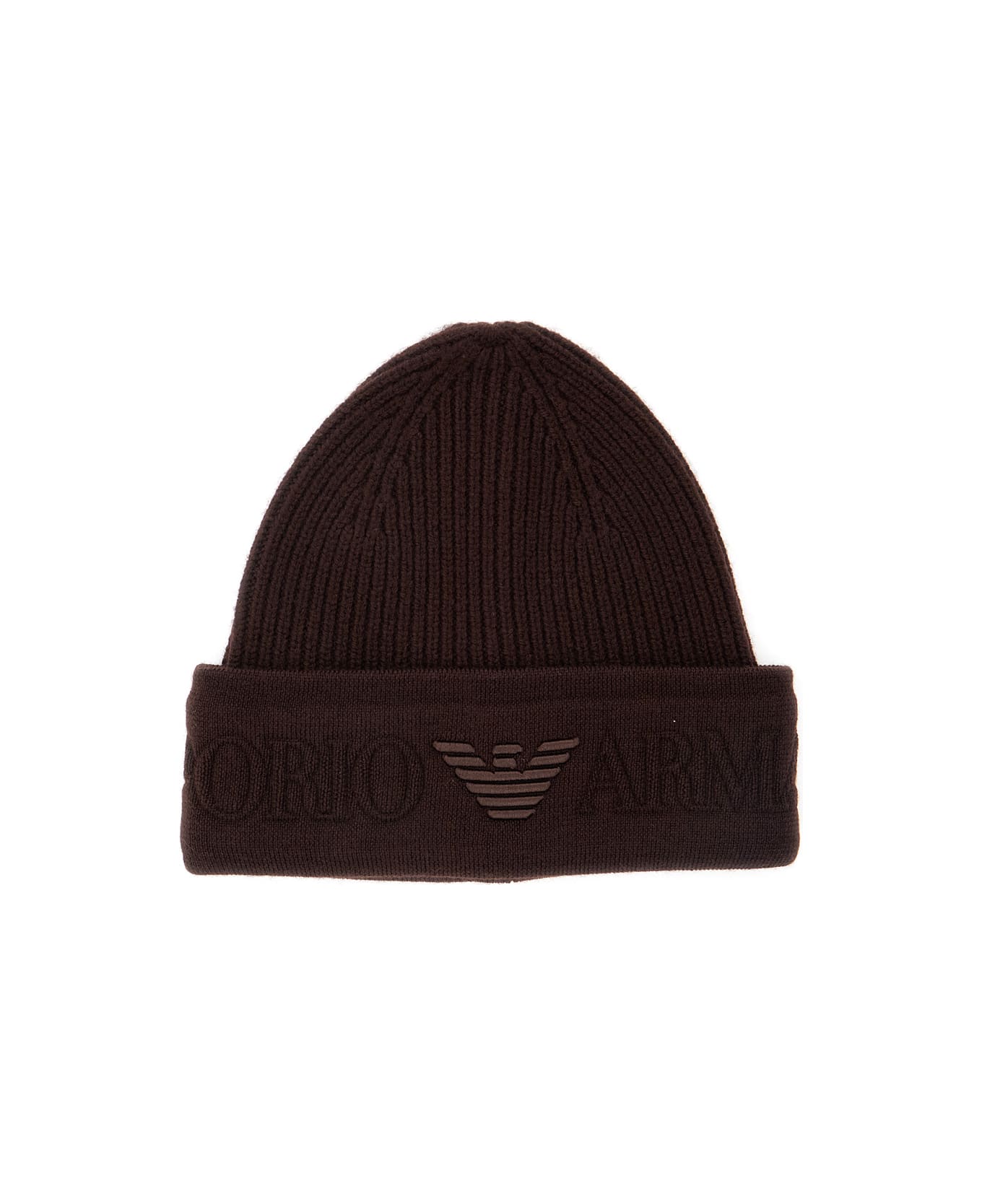 Emporio Armani Brown Beanie With Maxi Logo Embroidery On The Front In Wool Man - Brown