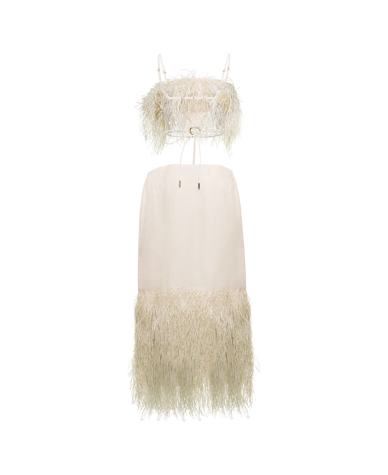 Jacquemus 'la Robe Raphia' Midi Cream White Dress With Fringes And Cut-out In Cotton Canvas Woman - White ワンピース＆ドレス
