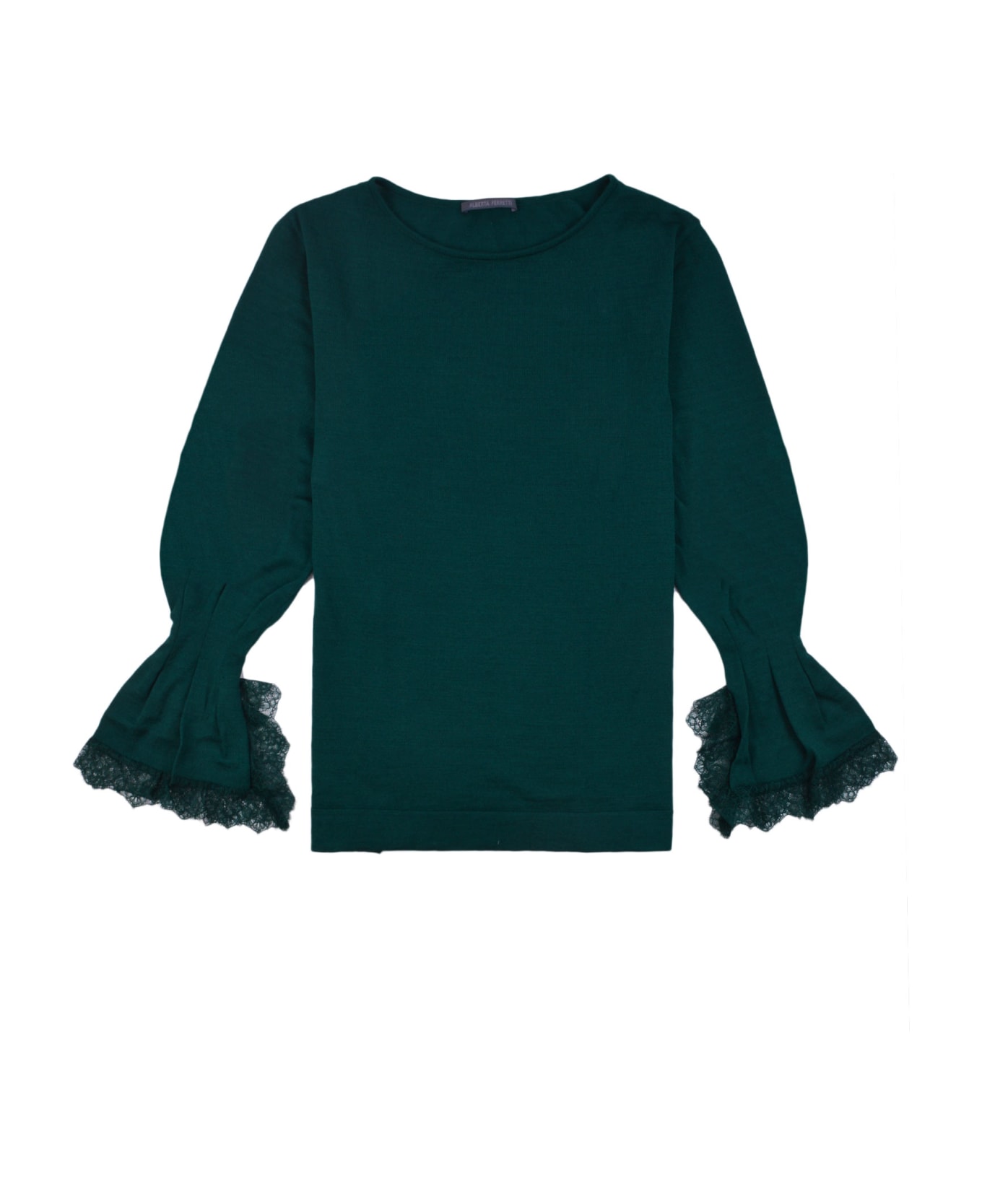 Alberta Ferretti Lace Cuffs Round Neck Plain Sweater - Verdone