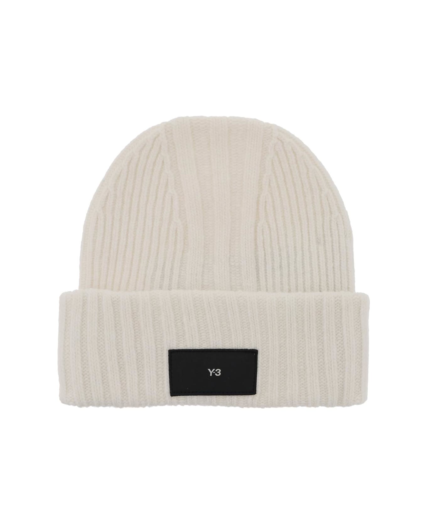 Y-3 Beanie Hat In Ribbed Wool With Logo Patch - TALC (White)