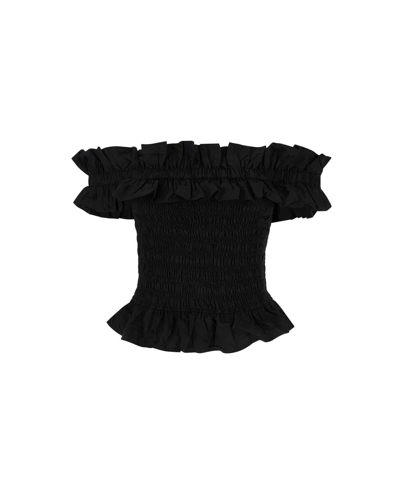 Ganni Black Off Shoulder Top In Cotton Woman - Black
