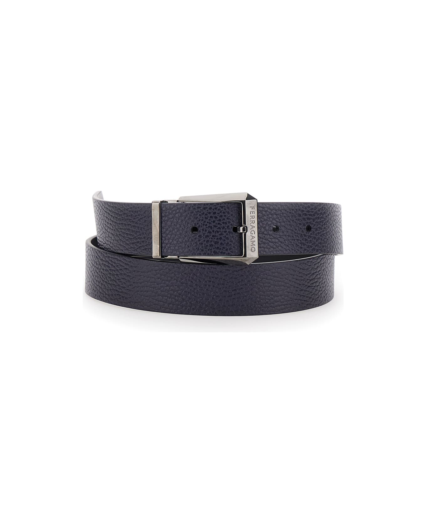 Ferragamo Black Reversible Belt With Engraved Logo In Smooth And Hammered Leather Man - Black