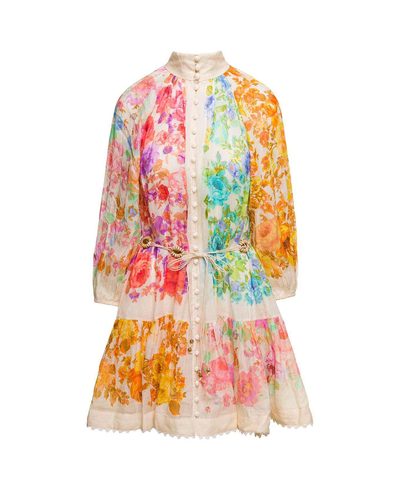 Zimmermann 'raie Lantern' Mini Multicolor Dress With Floreal Print And Covered Buttons In Ramiè Woman - Multicolor