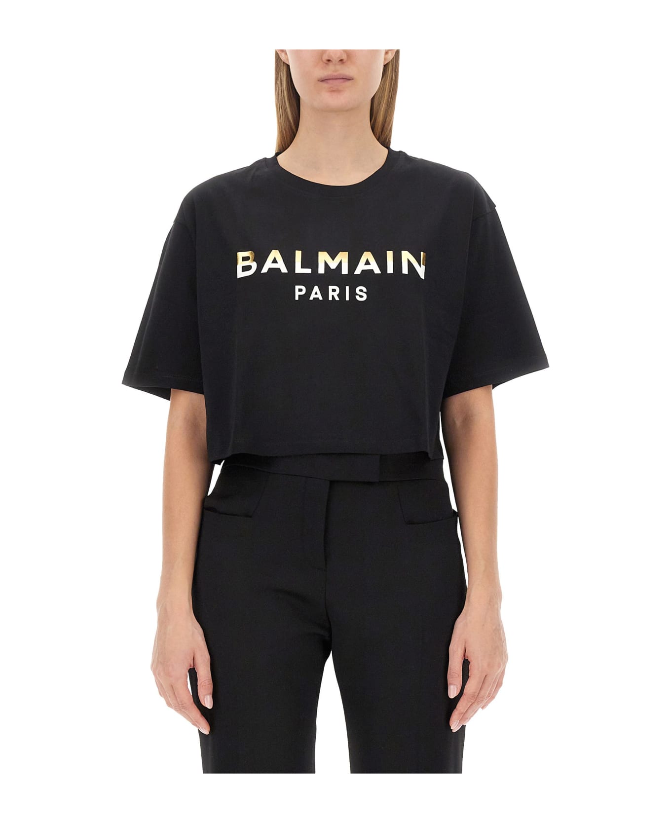Balmain Logo Print Cropped T-shirt - NERO Tシャツ