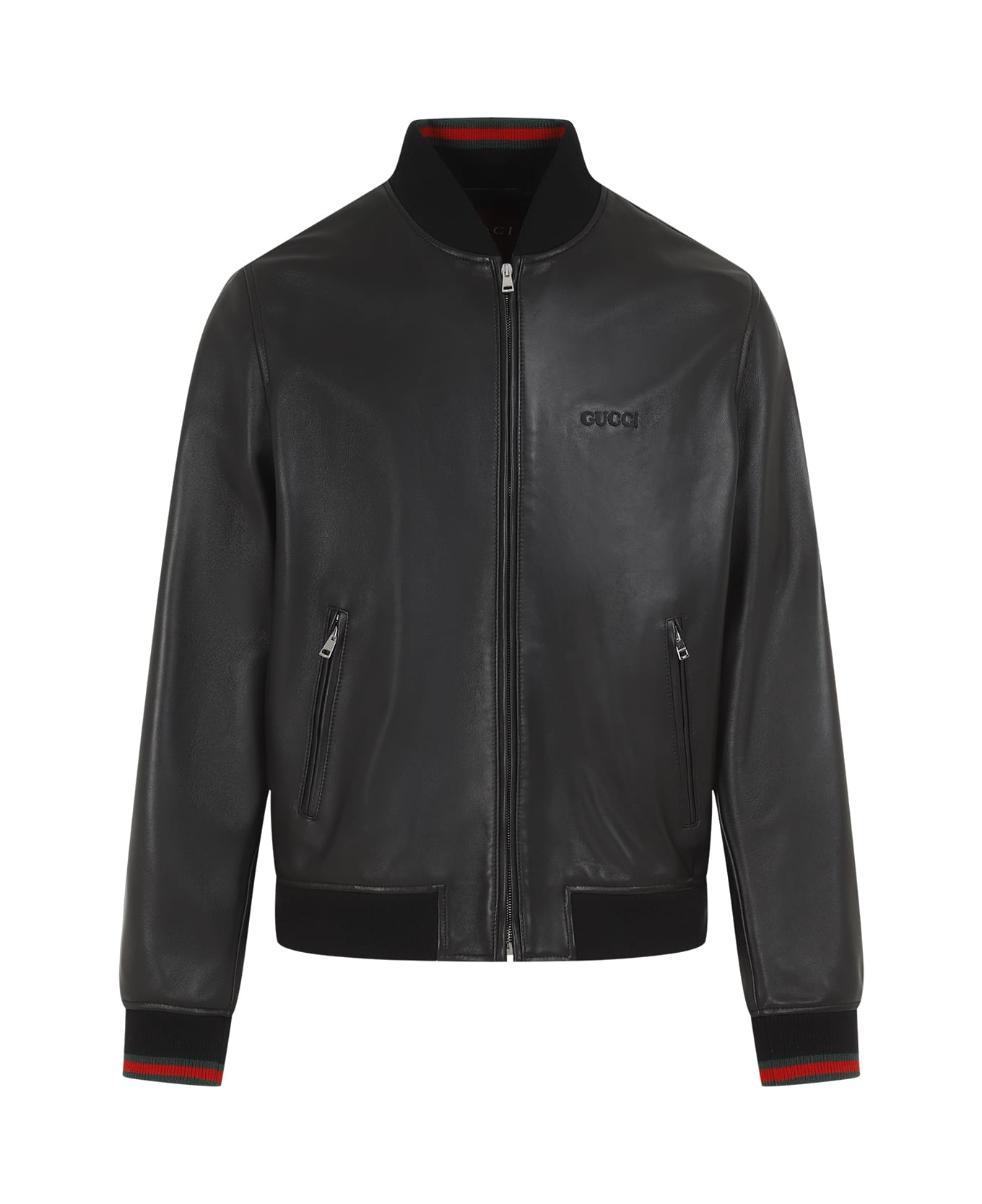 Gucci Leather Bomber Jacket - Black Green Red