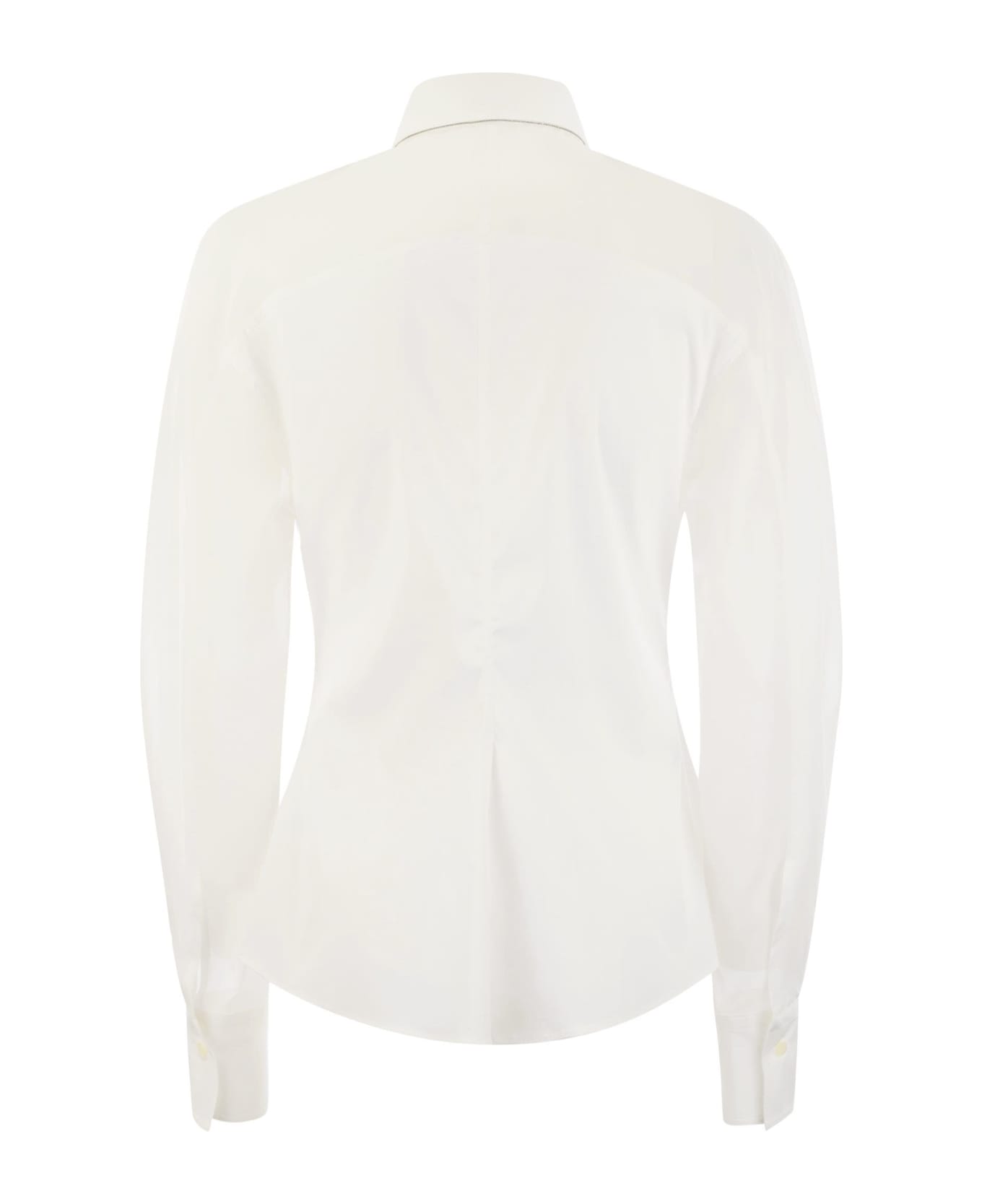 Brunello Cucinelli Stretch Cotton Poplin Shirt With Cotton Organza Sleeves And Necklace - White