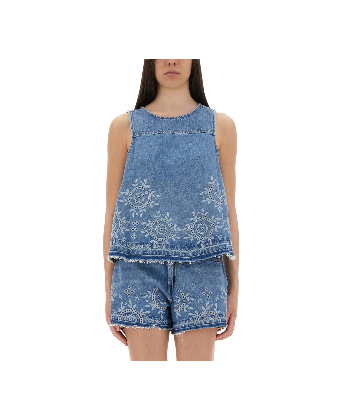 Ganni Top With Sangallo Embroidery - DENIM